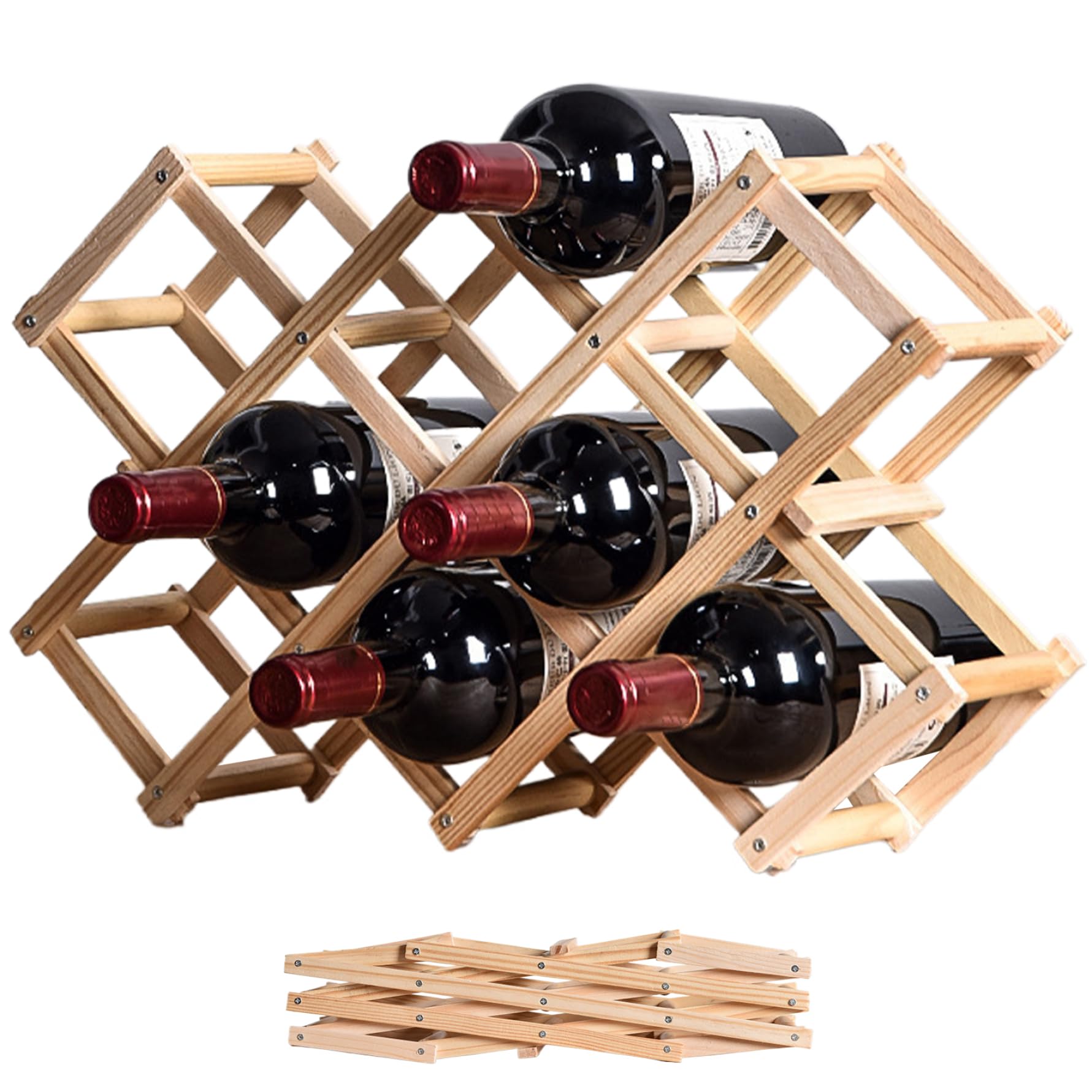 Gcroet Wooden Wine Rack Foldable Wine Racks for 10 Bottles Modern Style Free Standing Racks Sturdy Bottle Holder Stand Display Shelf for Tabletop Cupboard..