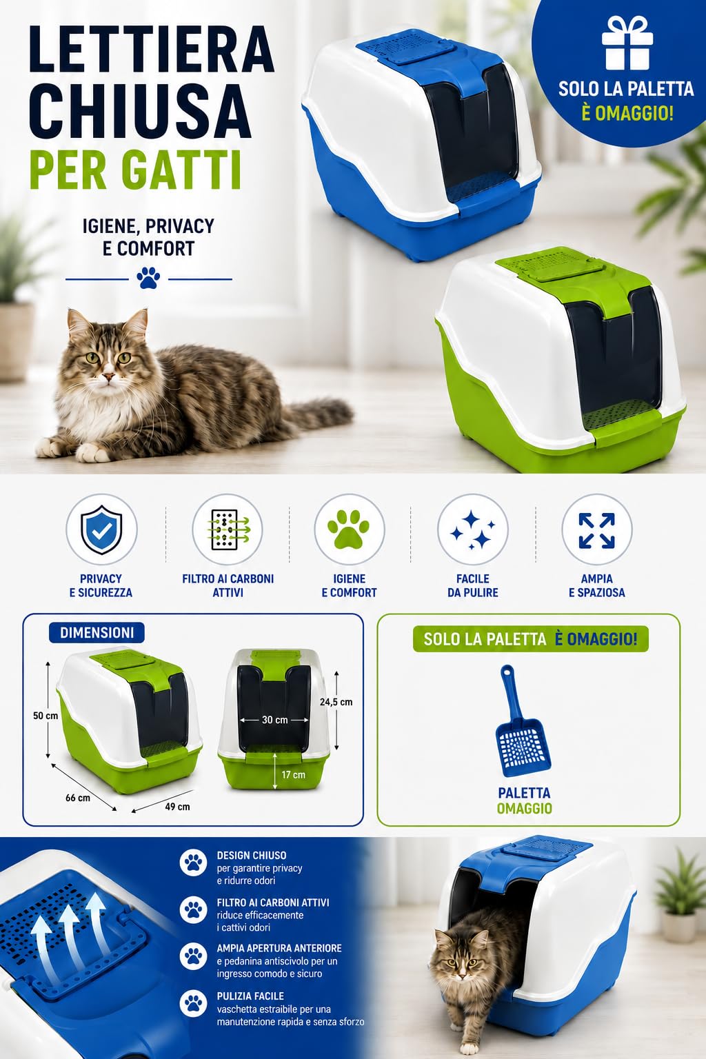 Lettiera per Gatti Chiusa XXL 66x49x50h cm con Filtro Carboni Attivi - Toilette Coperte Antiodore, Kit Omaggio Paletta Blu/Verde (Blu)