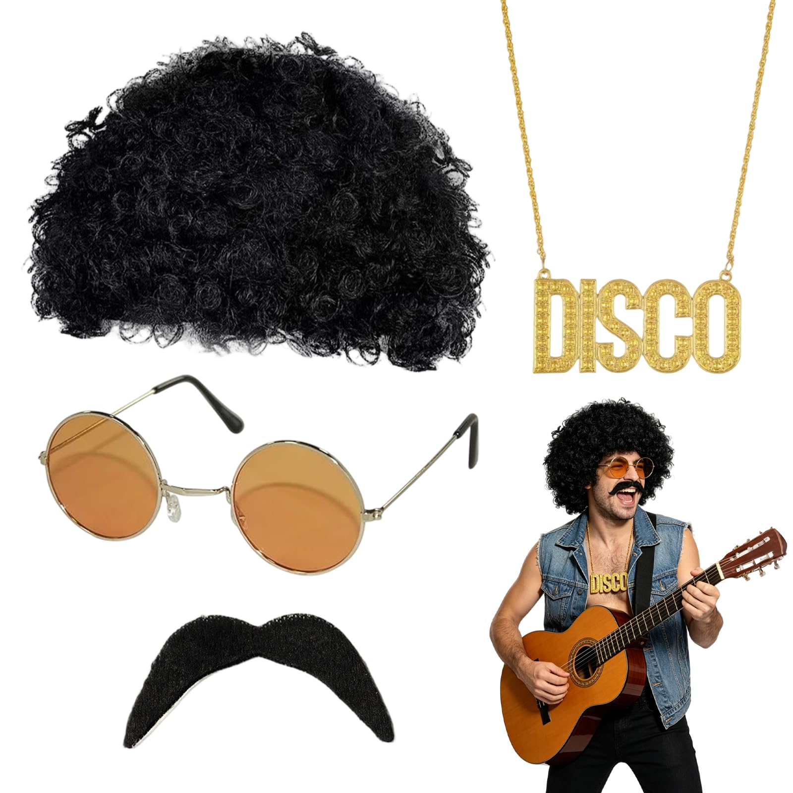 WSOAFVK 4 Pcs Hippie Costume Set for Adults, 70s Fancy Dress Men with Retro Afro Wig Sunglasses Moustache Disco Necklace, Disco Costume Accessories for Party Halloween Carnival