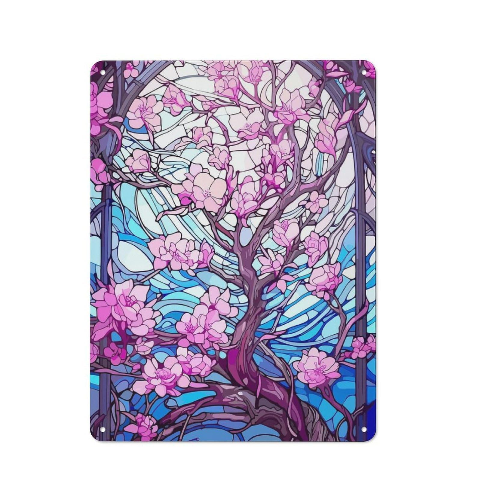 Junmoney Stained Glass Cherry Blossom Vintage Tin Wall Plaque 40X30cm For Hallway Wall, For Kitchen, Dining Room And Home Bar Wall Decor