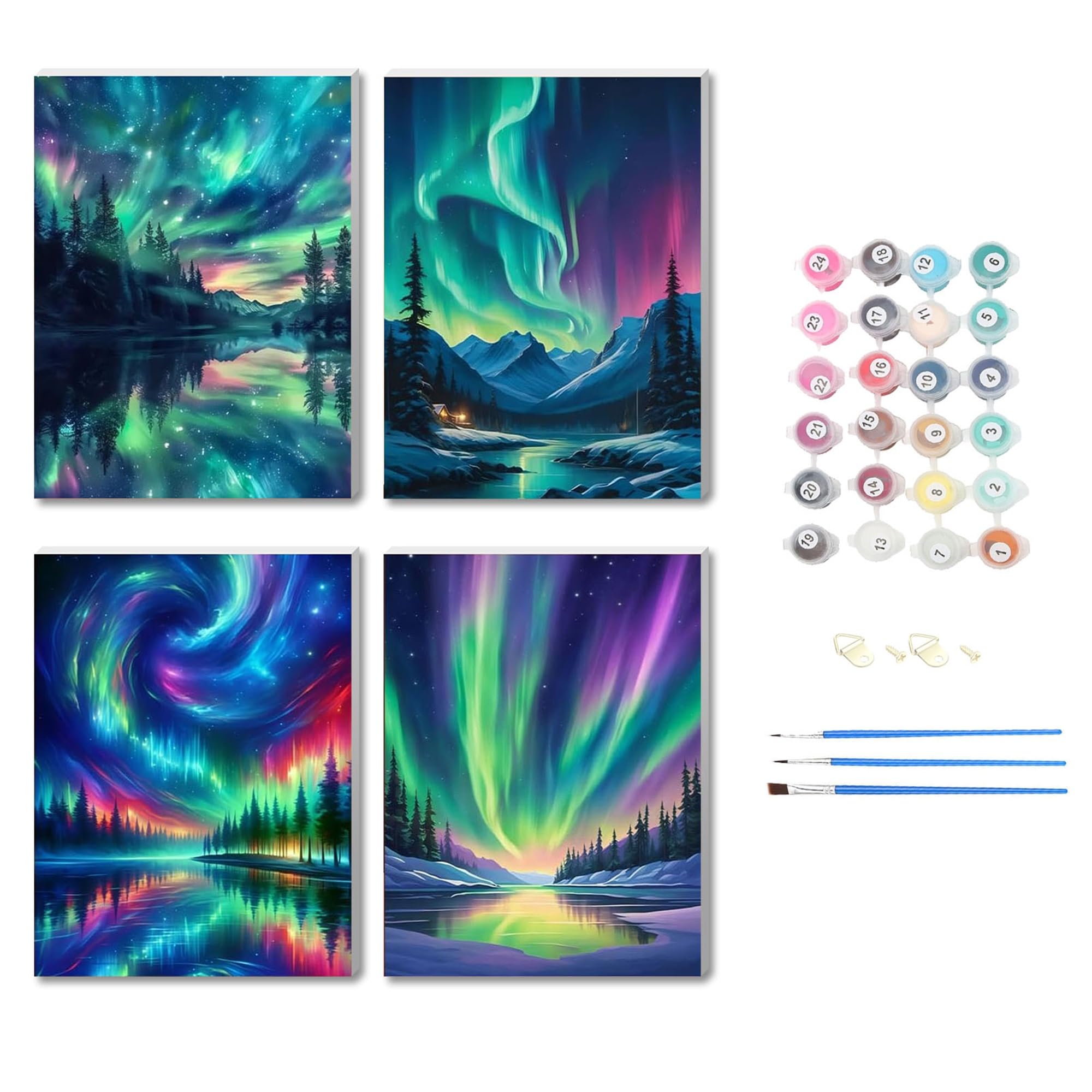 NZNANCHU 4pcs Aurora Wooden Framed Paint by Number for Adult,Sky DIY Painting Kits for Adults,Color by Numbers,Night Small Paint by Number Canvas Crafts Watercolor for Beginners Hoom Decor
