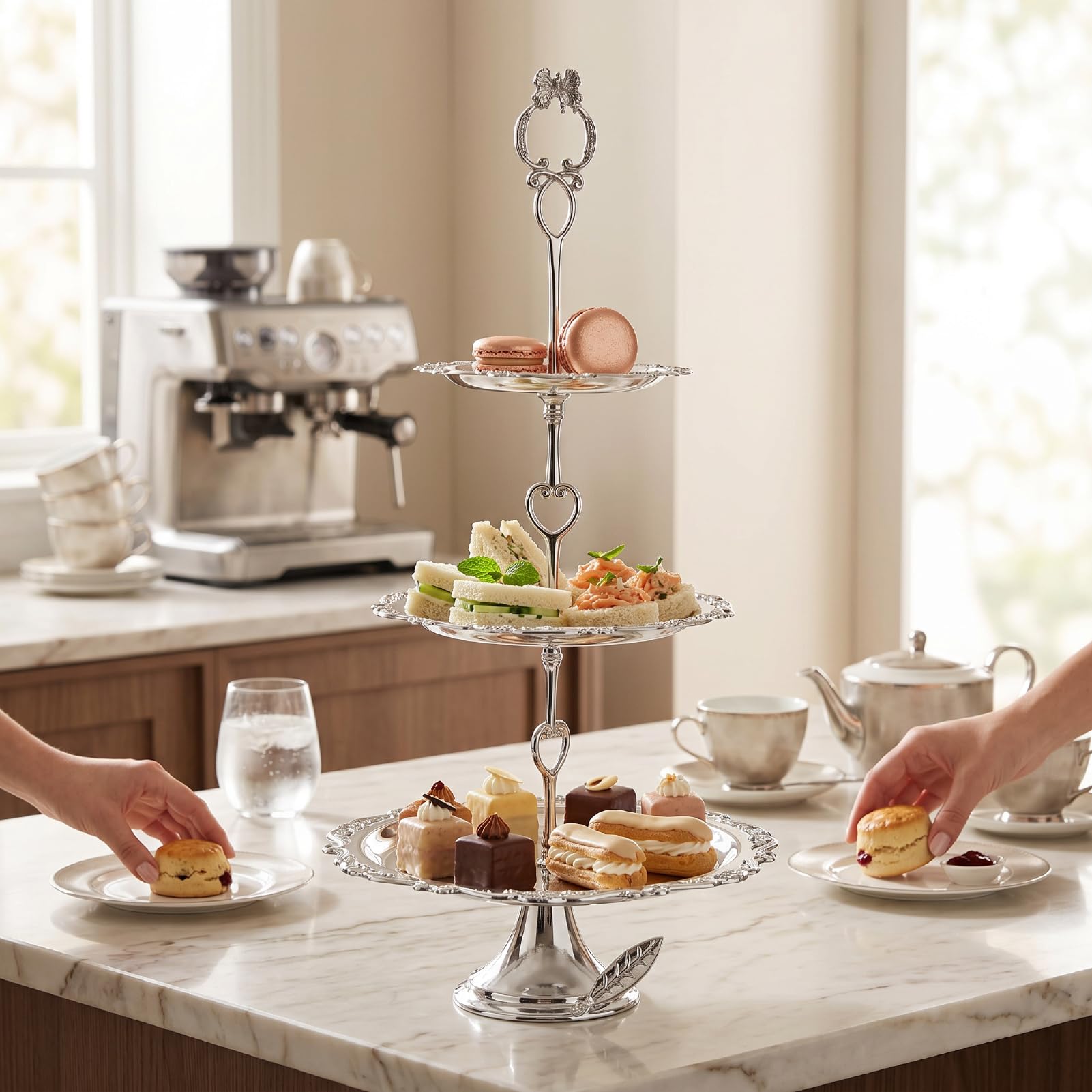 Elegante Soporte para Cupcakes de 3 Niveles para Fiesta de Bodas, | Construcción de Hierro Resistente,Bandeja para Servir con Patrón Floral de Borde Festoneado,Torre de Exhibición para Cenas