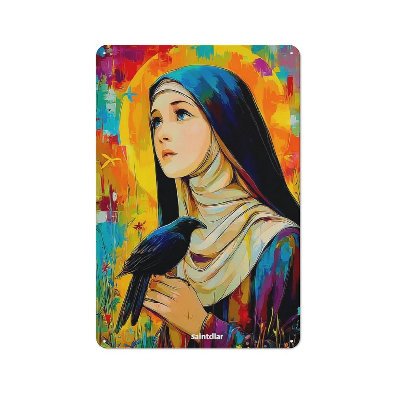 Junmoney Saint With Raven Vibrant Artwork Loft Style Metal Wall Decor 30X20cm, Decorative Metal Plaque For Loft, Studio, Office Or Creative Room