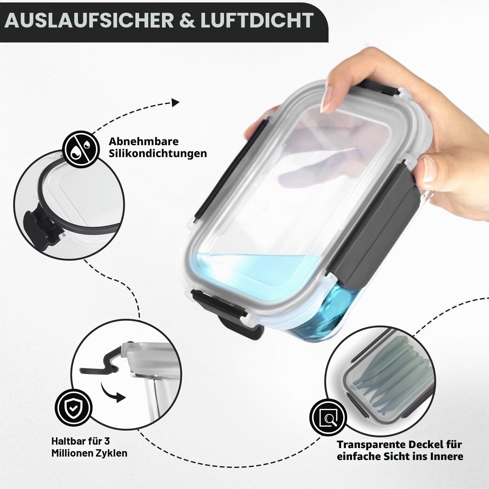 GENICOOK Glas-Frischhaltedosen mit Deckel, Glas-Mahlzeiten-Vorbereitungsbehälter-Set mit auslaufsicheren Deckeln, luftdichter Lunchbehälter für Küche, Mikrowelle, Ofen, Gefrierschrank,
