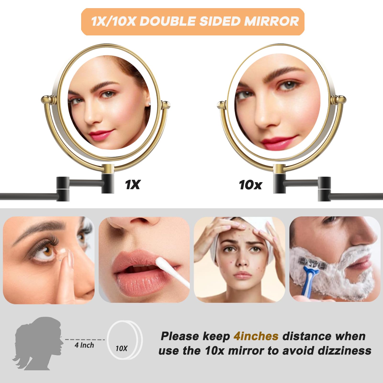 Espejo de pared recargable con luz para maquillaje, espejo de aumento de baño de 10 aumentos, brazo extendido, rotación de 360 grados, LED de 3 colores, regulable al tacto, negro mate con