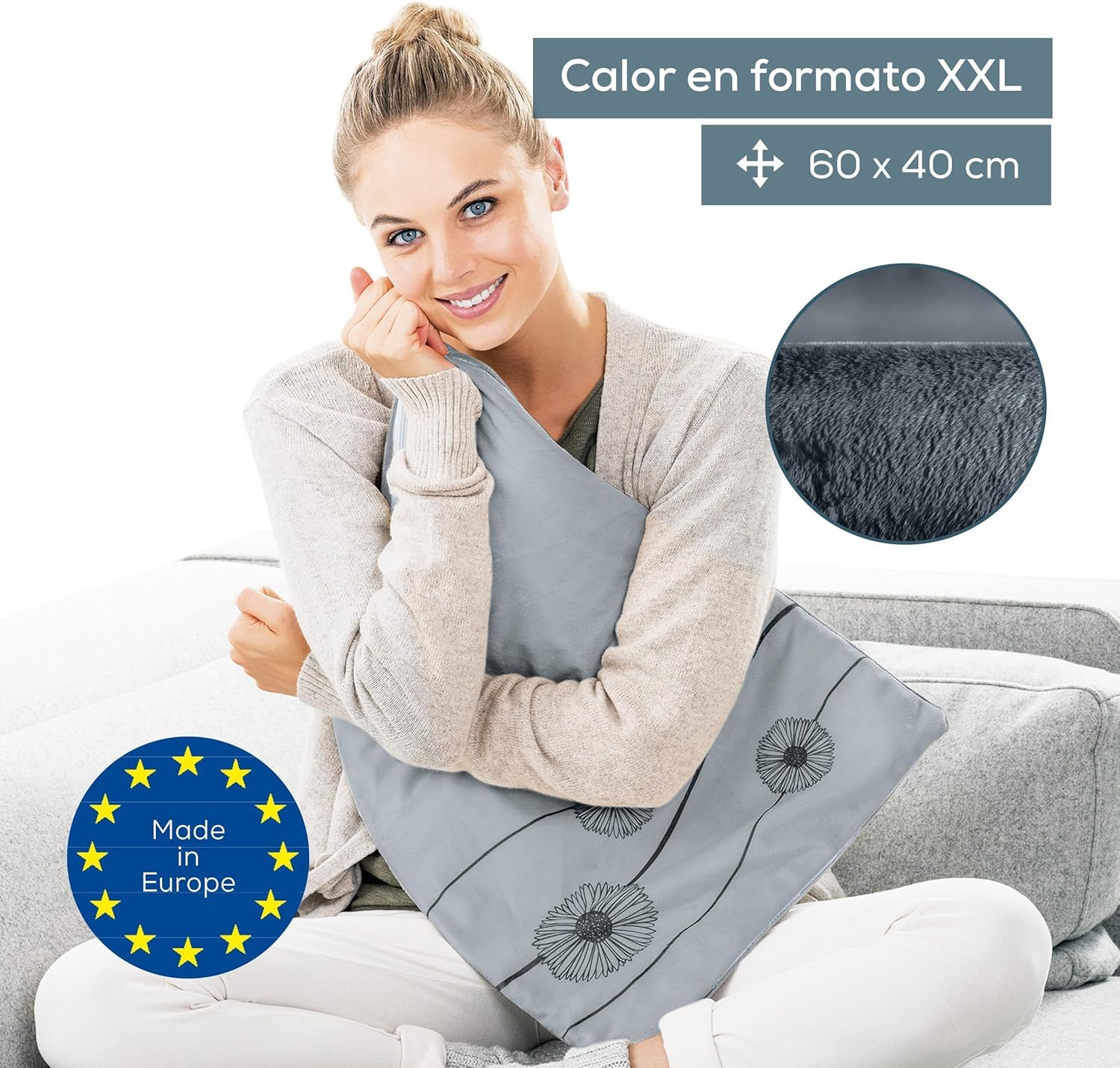 Beurer HK 125 Almohadilla eléctrica, esterilla eléctrica en formato XXL, con 6 ajustes de temperatura, desconexión automática e interruptor LED, lavable a máquina, gris, 60 x 40 cm