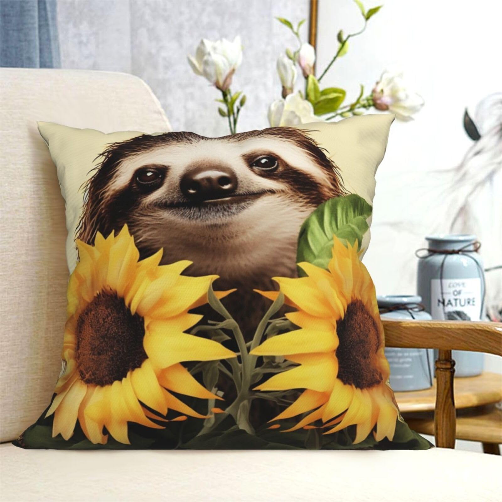 Fodpand Black Decorative Throw Pillow Covers 20"X20" Sloth Sunflower Cushion Cases Square Modern Farmhouse Pillow Cases Soft Cozy Cushion Covers For Couch Sofa Bedroom Home Decor Pillowcase