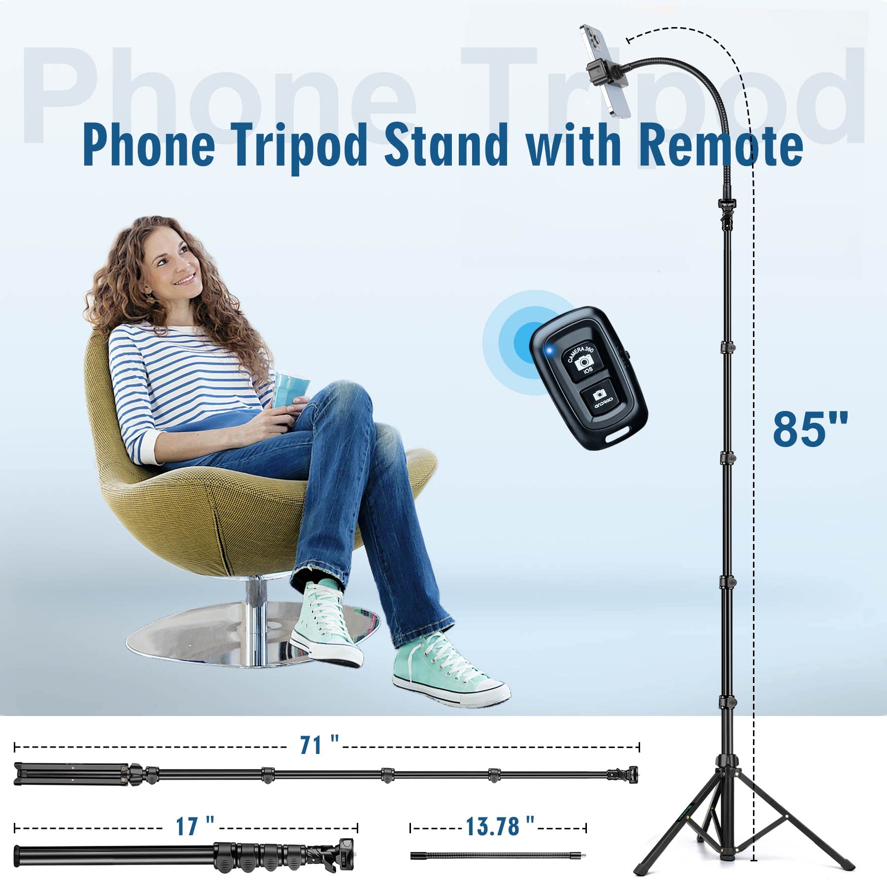 Selfie Stick Tripod, 85" Phone Tripod, Aluminum Tripod Stand for Video Recording Photo Vlog, Travel Cell Phone Tripod with Gooseneck/Remote/Phone Holder, Compatible with iPhone Android Smartphone