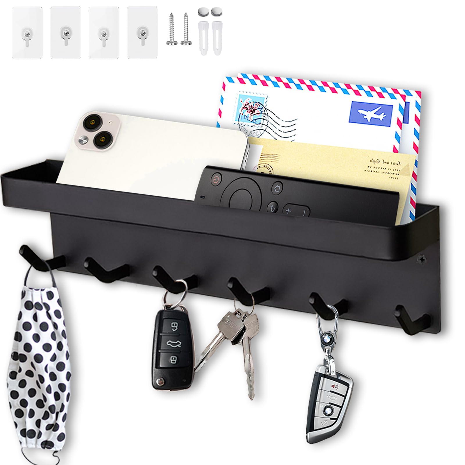 Echehi 6 Hooks Key Holder for Wall, 2 Ways Easy to Install Key and Mail Holder，Key Hooks Wall Mounted for Entrance Area, Hallway, Office. Black