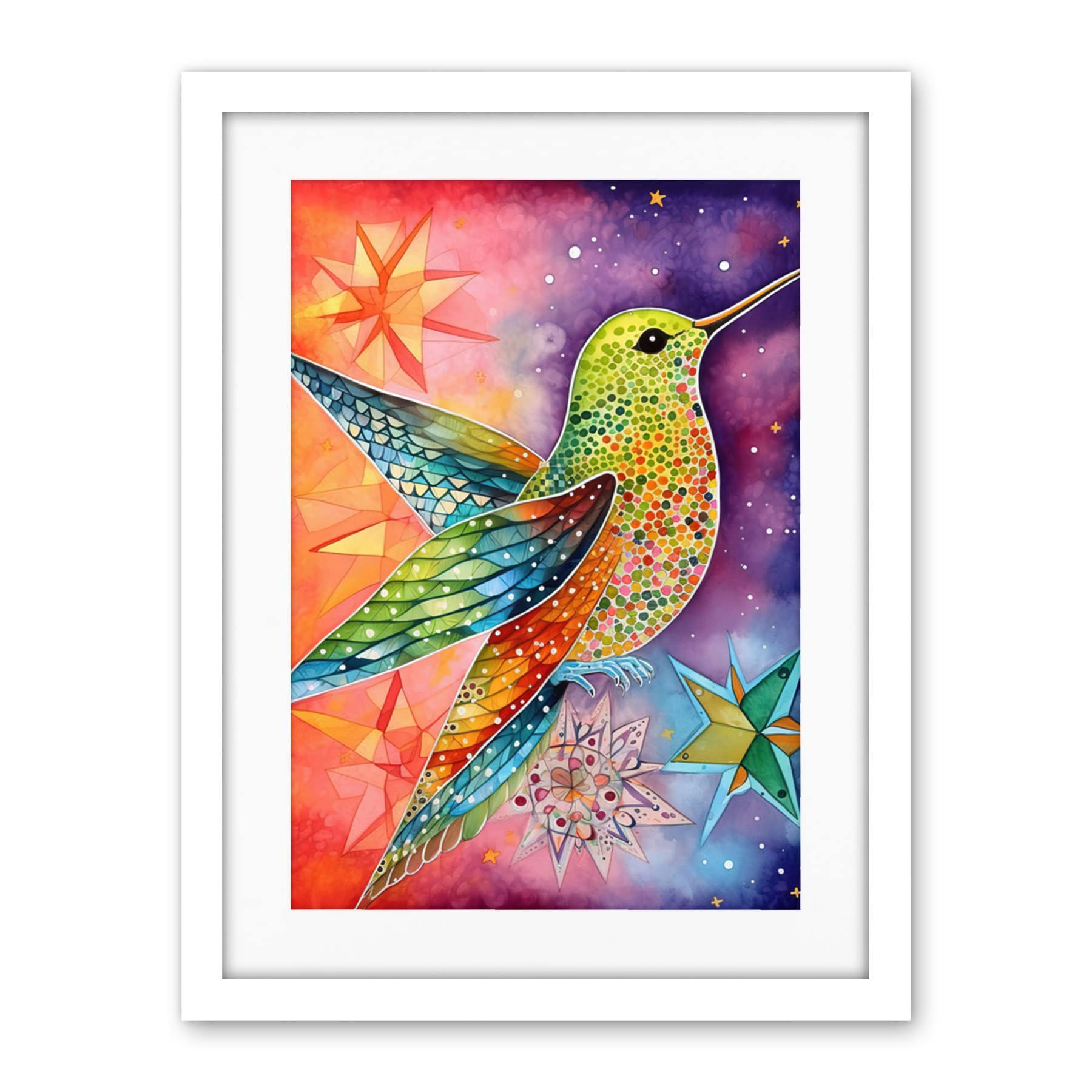 Artery8 Hummingbird In Vibrant Astral Field Folk Art Watercolour Painting Artwork Framed Wall Art Print 18X24 Inch