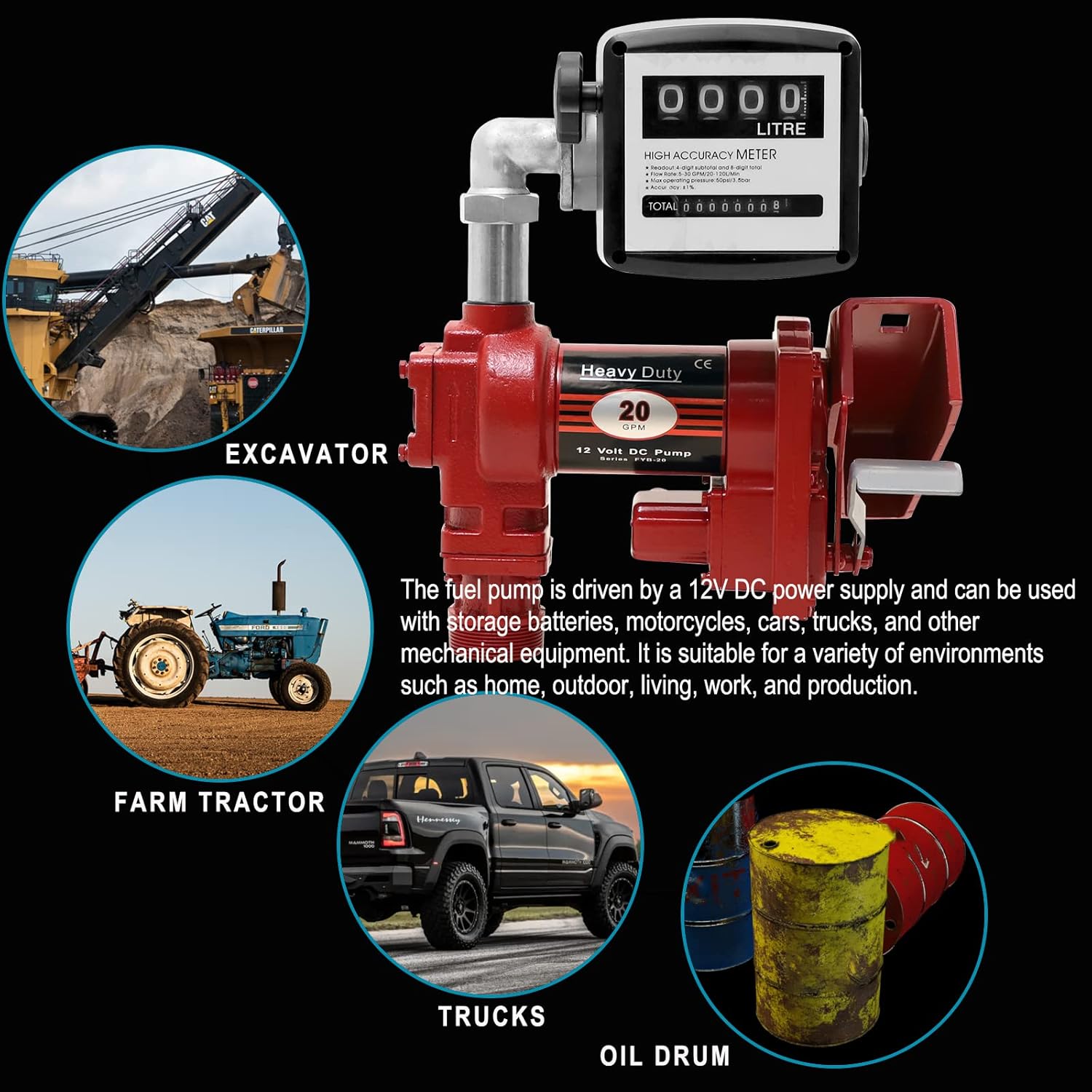 20GPM 12V DC Fuel Transfer Pump Gasoline Pump with Nozzle Kit for Gas Diesel Kerosene Red with Flow Meter