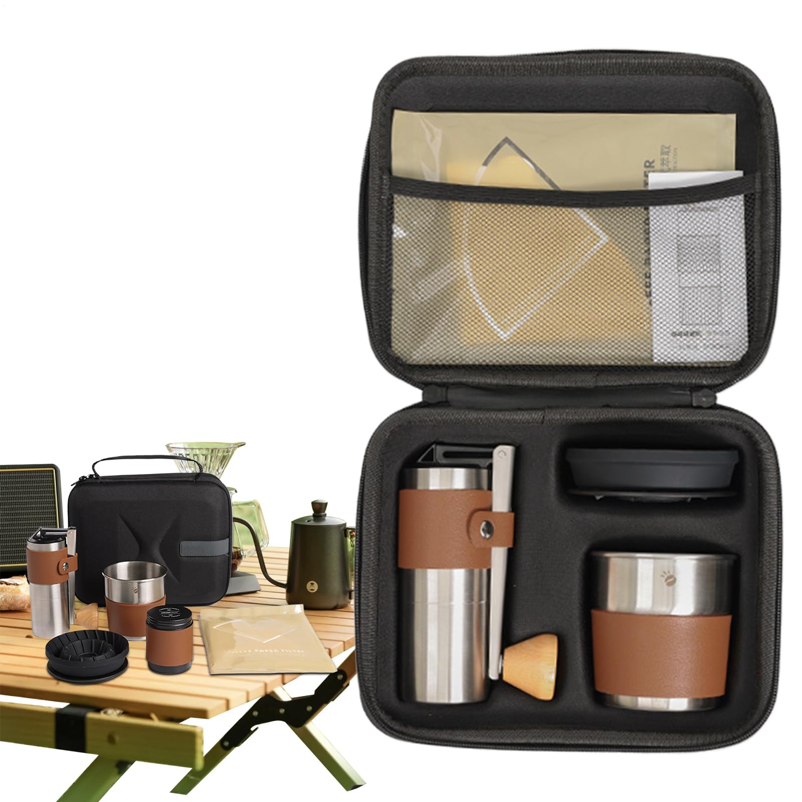 Genérico Camping-Kaffee-Set – Kaffee für Camping, tragbares Transportzubehör-Set, multifunktionale Bohnenmahlmaschine für Reisen, Wandern im Freien