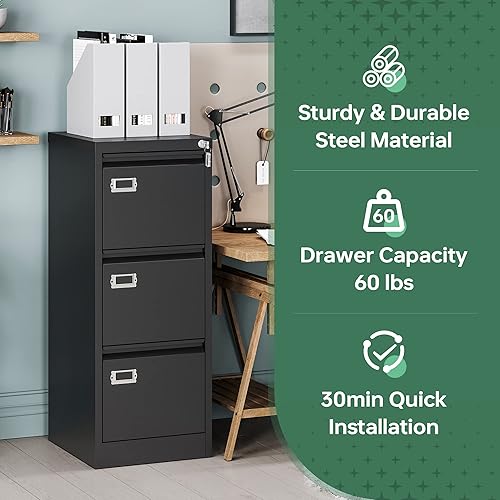 Miniatura 7 de Letaya Archivador de 3 cajones con cerradura, archivadores de metal para almacenamiento de oficina en casa A4F4cartaLegal (requiere montaje, negro)