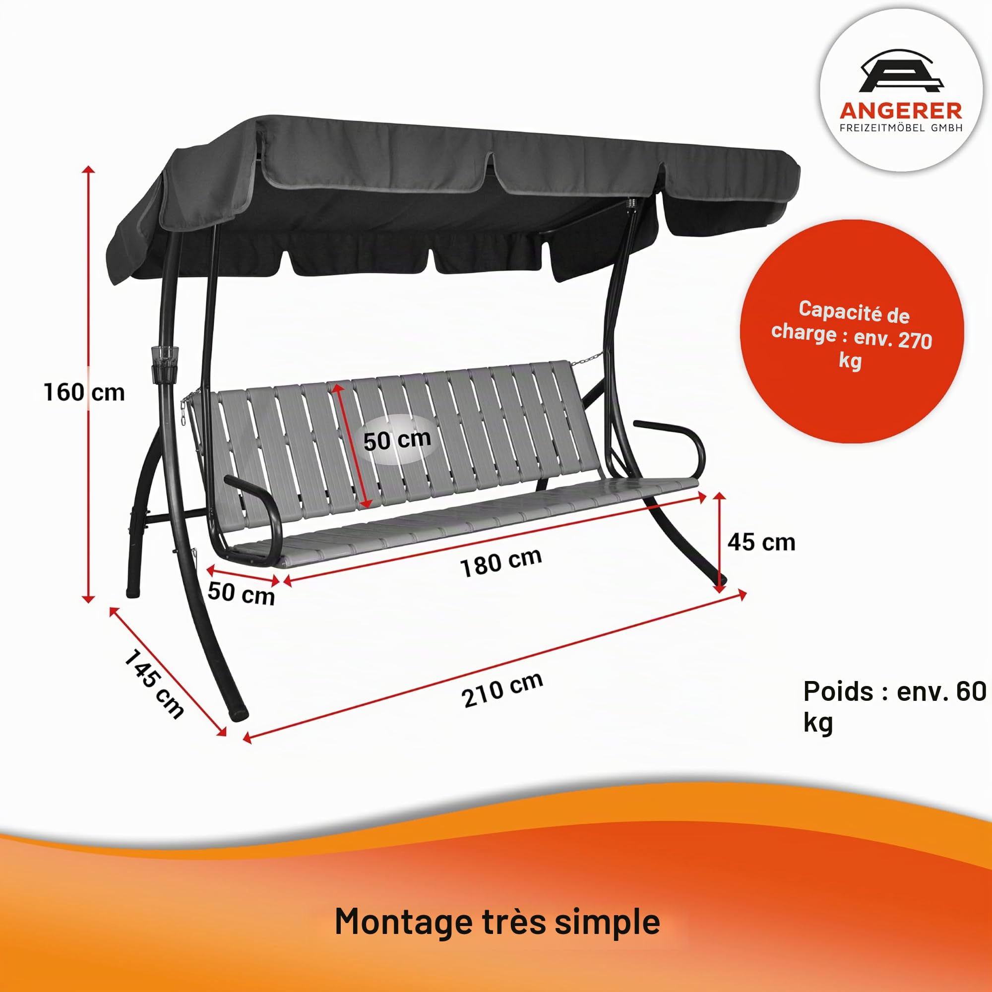 Angerer Balancelle de Jardin Ibiza, 3 Places, Convertible en Lit, Acier Galvanisé, Toit Réglable, 210 x 145 x 160 cm, Capacité 270 kg, Made in Germany (Rayures Vertes)