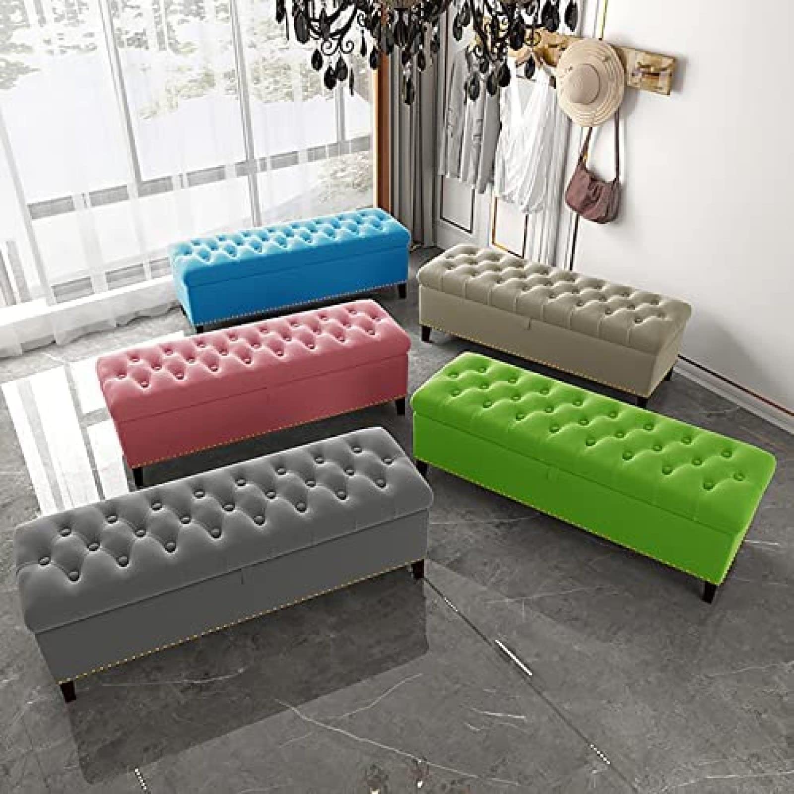 Banco De Almacenamiento De Terciopelo, Banco Otomano De Almacenamiento De Lujo Banco De Extremo De La Cama, Banco Tapizado De Botones con Almacenamiento,Verde Claro,100X40X45Cm(39X16X18Inch)