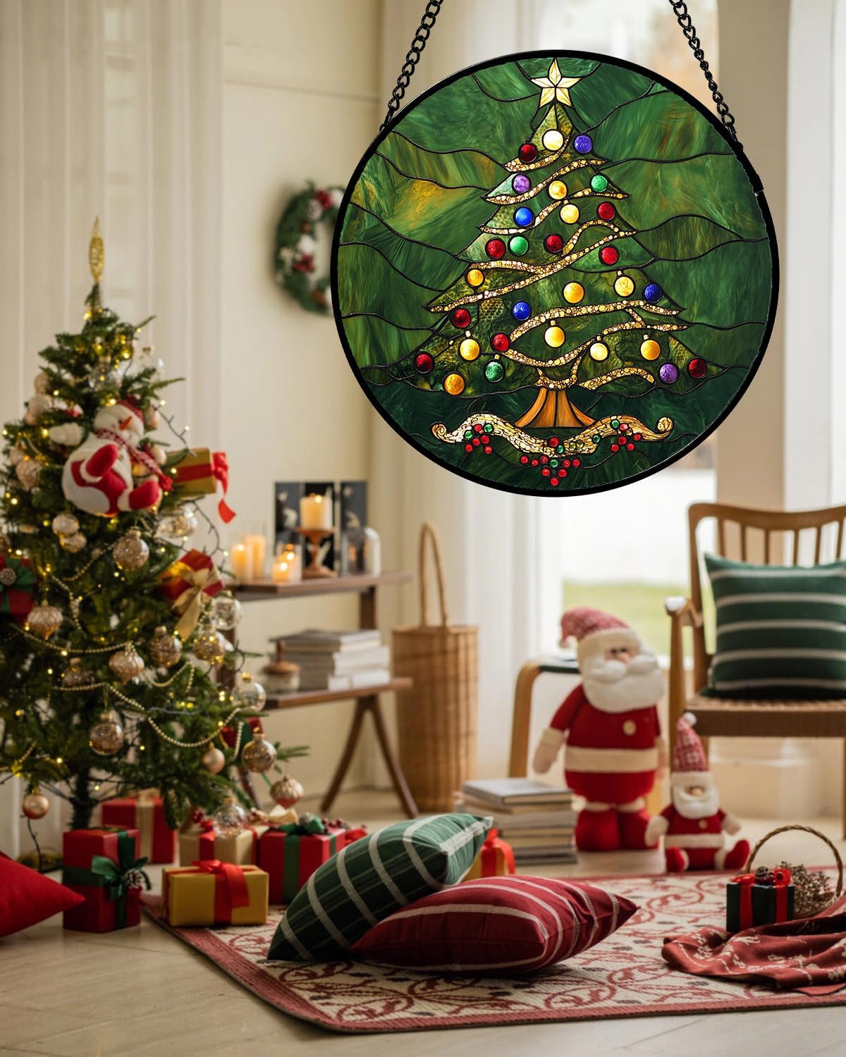 Stained Glass Window Hanging - Green Christmas Tree with Colorful Lights Suncatcher for Doors Home Christmas Decoration Sun Catcher Thanksgiving New Year Birthday Gifts for Women Men Mom Nana 7.8 in