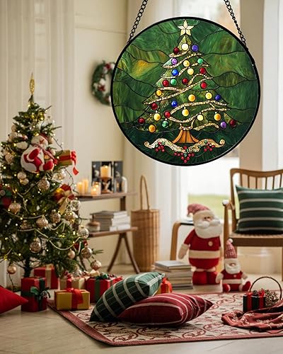 Miniatura 4 de Atrapasoles de Vidrio Manchado para Colgar en Ventana - Árbol de Navidad Verde con Luces Coloridas para Puertas, Decoración Navideña para el Hogar,