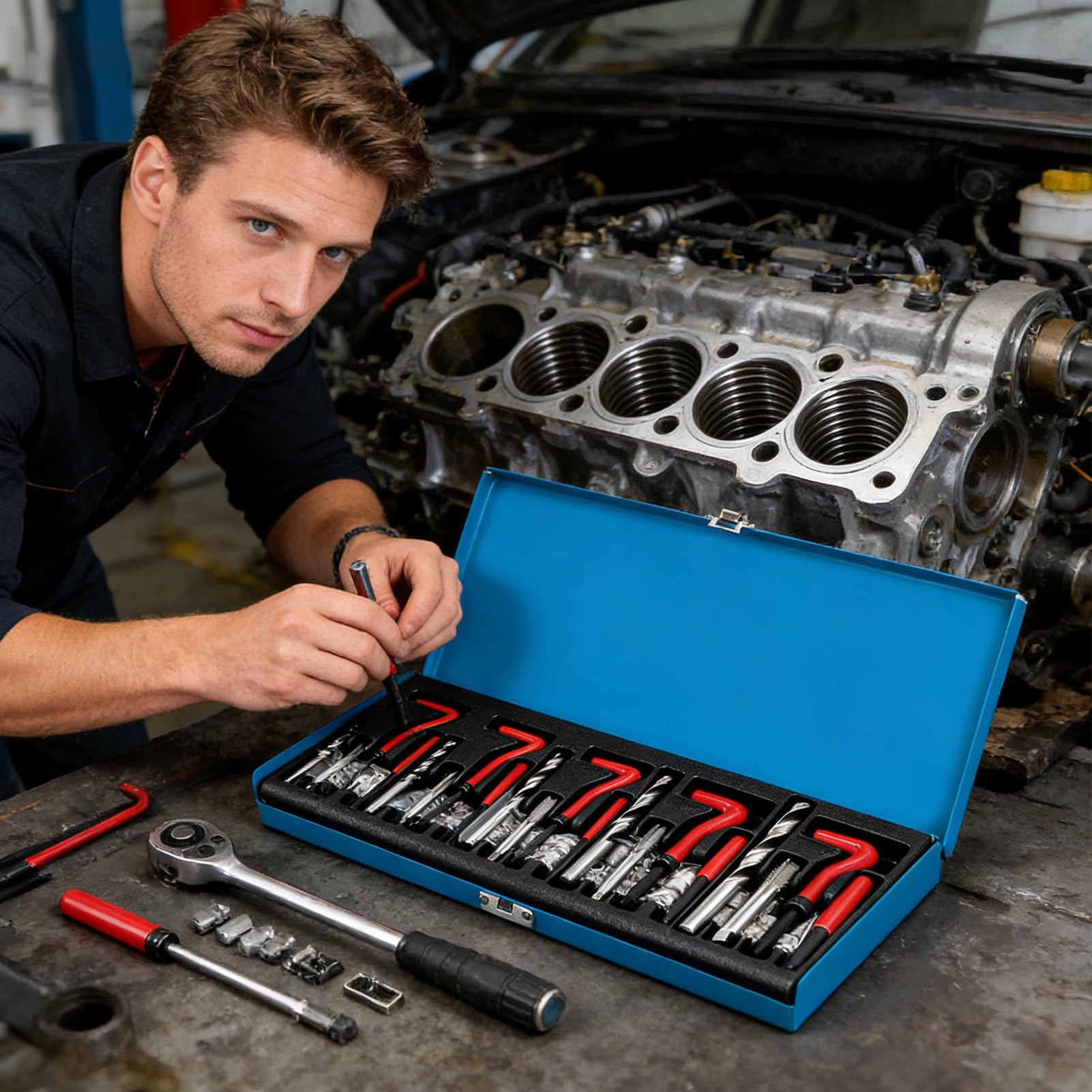 Genérico Kit de reparación de Bloque de Motor Equipo de Mantenimiento | Juego de Herramientas de Instalación con Broca Helicoidal para Camión Tractocamión Remolque SUV Vehículos