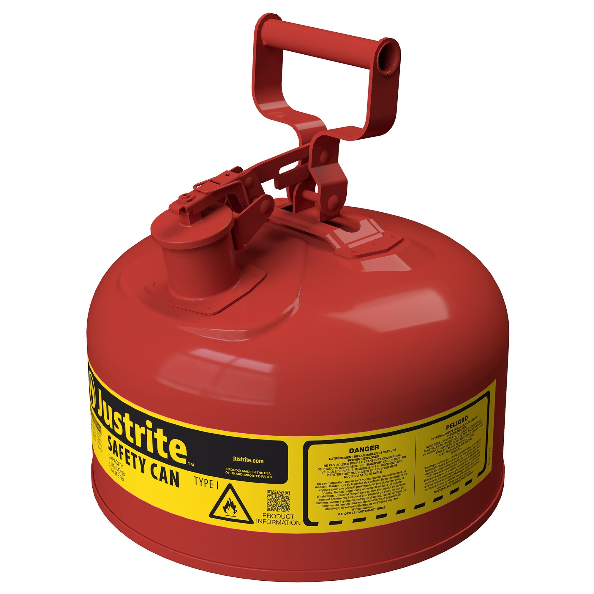 Justrite Type I Gasoline Safety Can, Red Galvanized Steel, Made in the USA