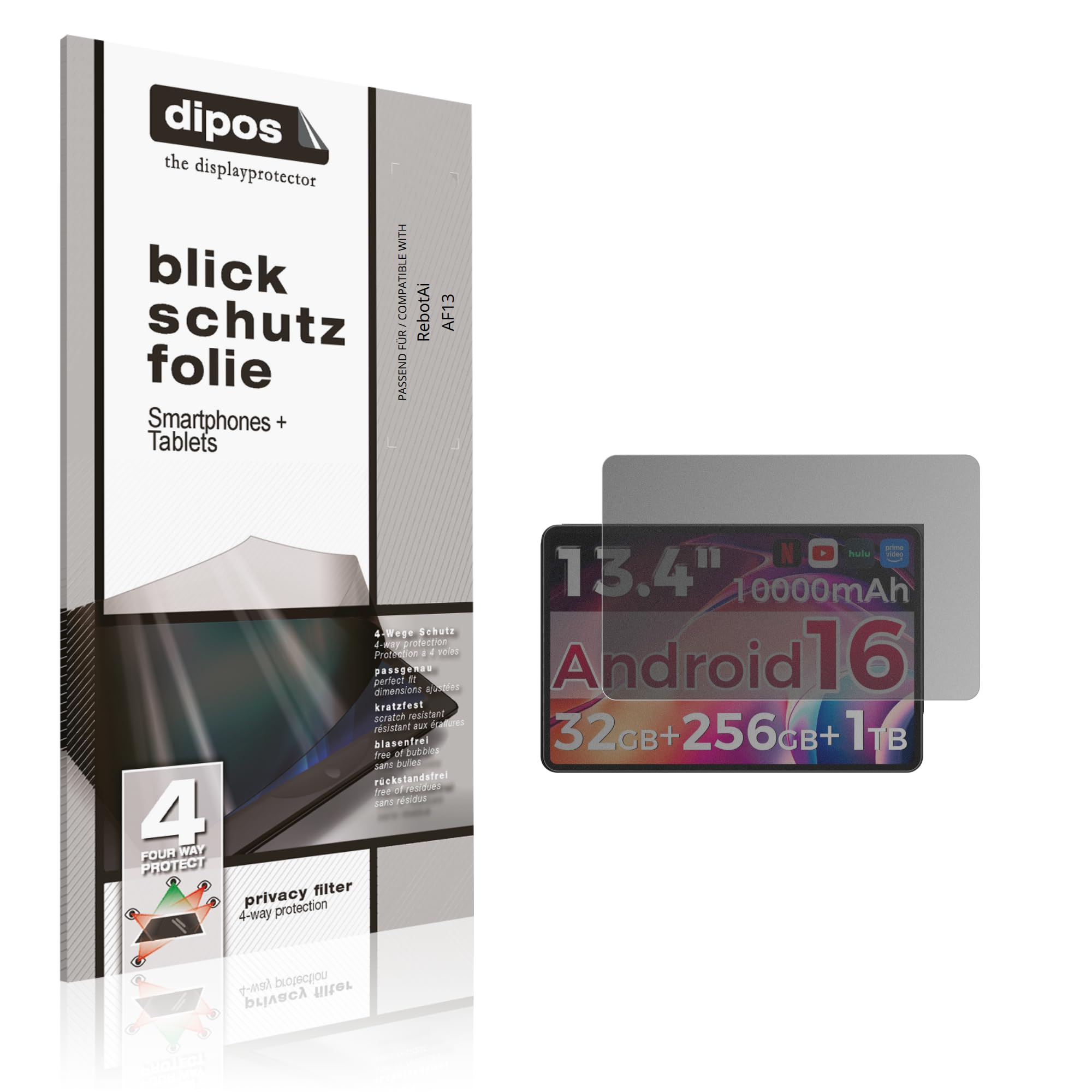 dipos Protector de Pantalla Antiespía para RebotAi AF13 | Película protectora mate, filtro de privacidad 4 vías, ajuste perfecto, antiarañazos, sin burbujas, autoadhesivo