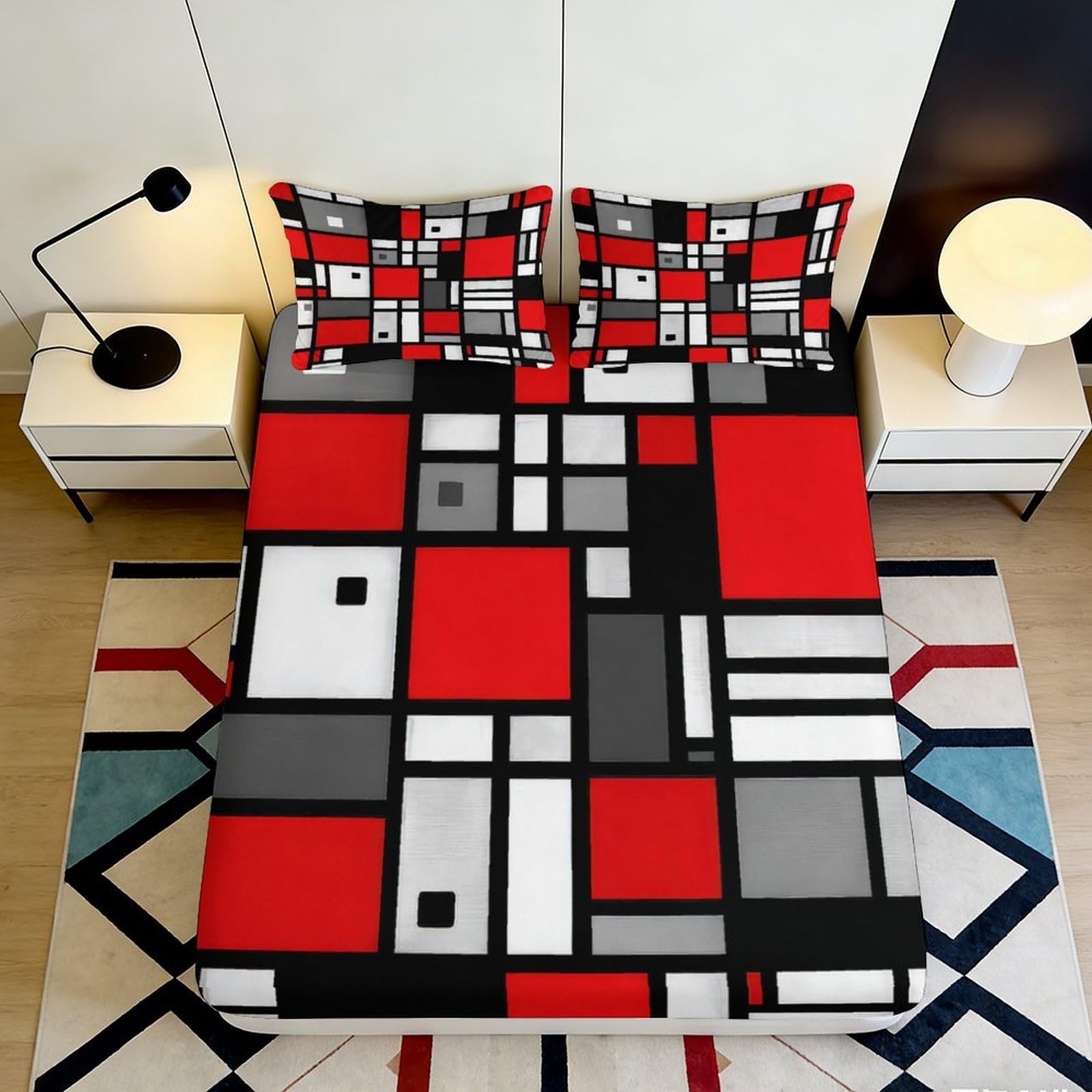 Dhbaneiok Style-2 3D Printed Geometric Red Black Grid Fitted Sheet Microfiber Modern Abstract Bed Cover For Bedroom Decor 90X200x25cm