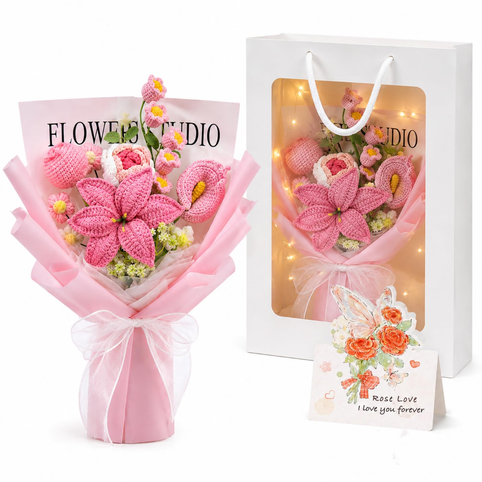 CECOMBINE Crochet Flower Bouquet, Handmade Knitted Flowers with LED String Lights, Gift Bag & Greeting Card Included, Birthday Gift for Women, Mum, Best Friend, Teacher, Graduation Gift (Pink)