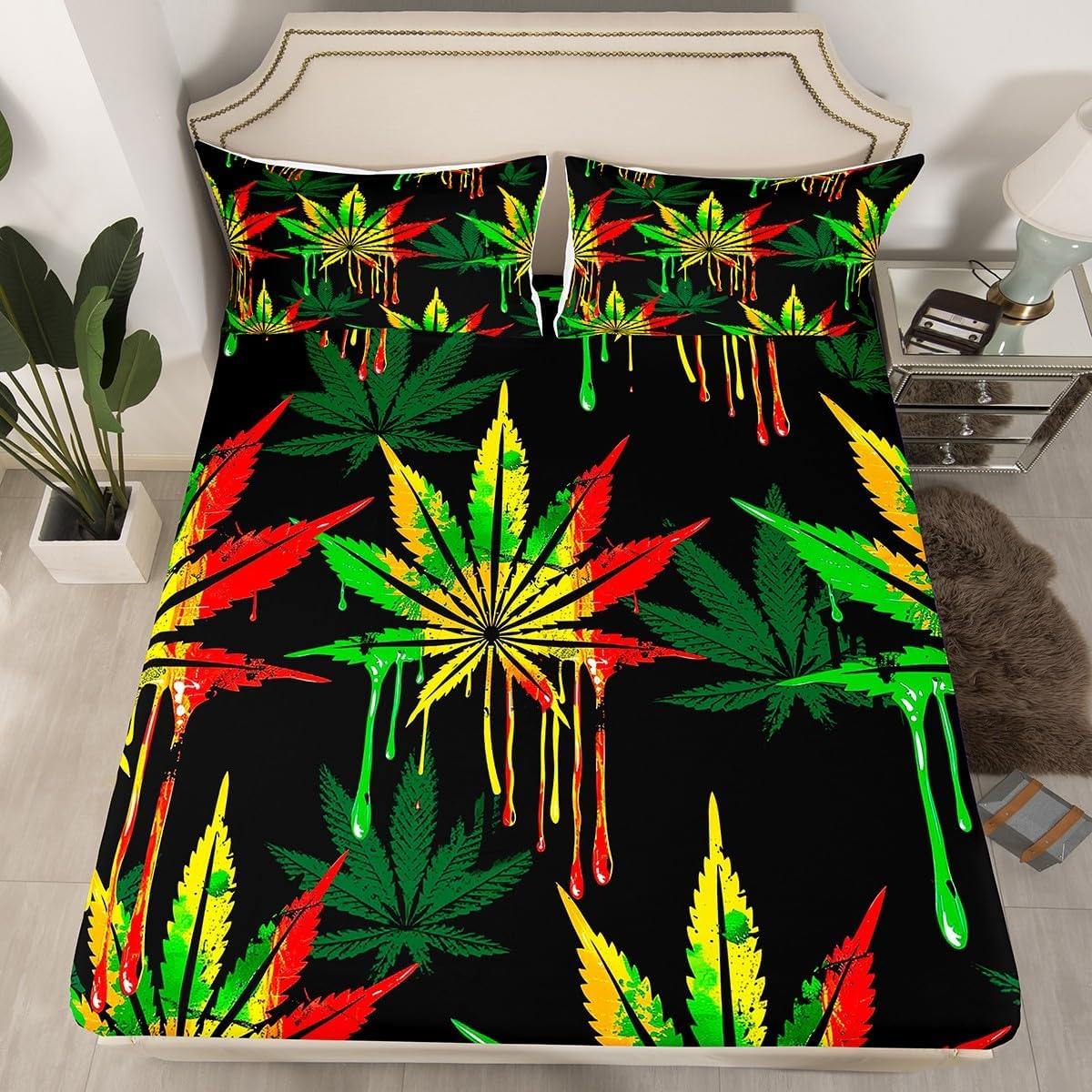 Marijuana Leaf Sheets Cannabis Leaves Bed Sheet Set Full Size Marijuana Weed Leaf Print Bedding Sheets for Men Adults Bedroom Decor Colorful Leaf Bedding Set with Flat & Fitted Sheet, 2 Pillow Case