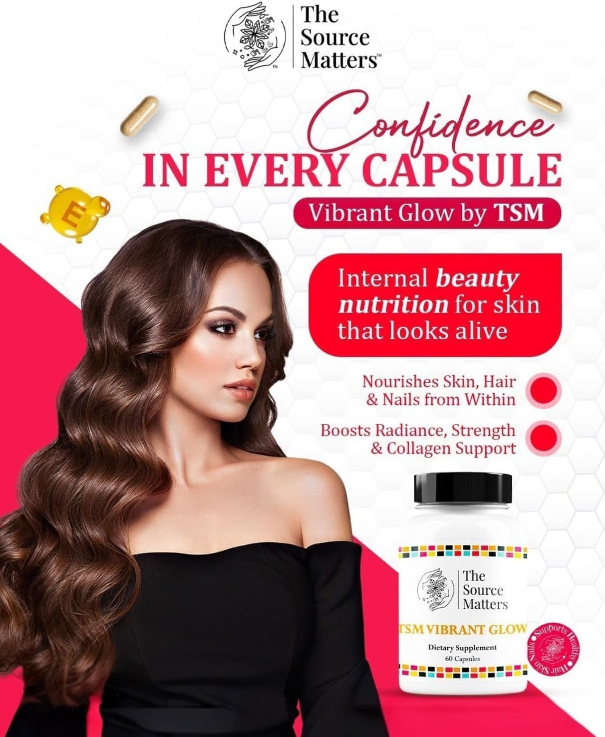 Vibrant Glow Advanced Skin, Hair & Nail Support with Collagen Boosting Silica, MSM, Saw Palmetto, Betaine HCl & More for Stronger Hair & Nails (60 Capsules)