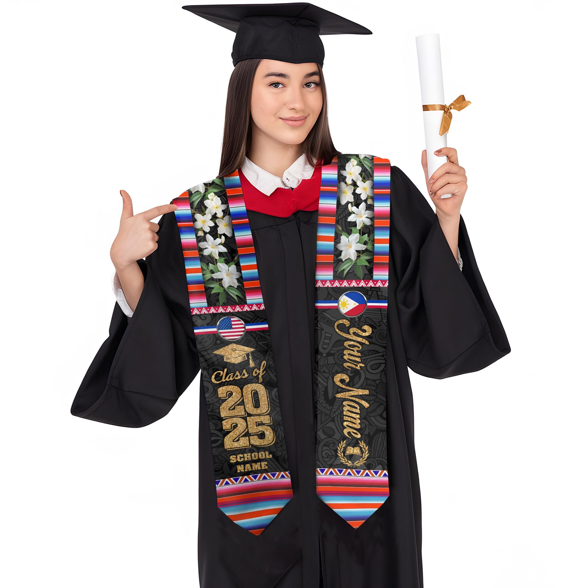 MonkeyVan Custom Filipino Graduation Sash 2025,Personalized Philippines Graduation Stole,Philippine-American Flag Graduation Sash S203