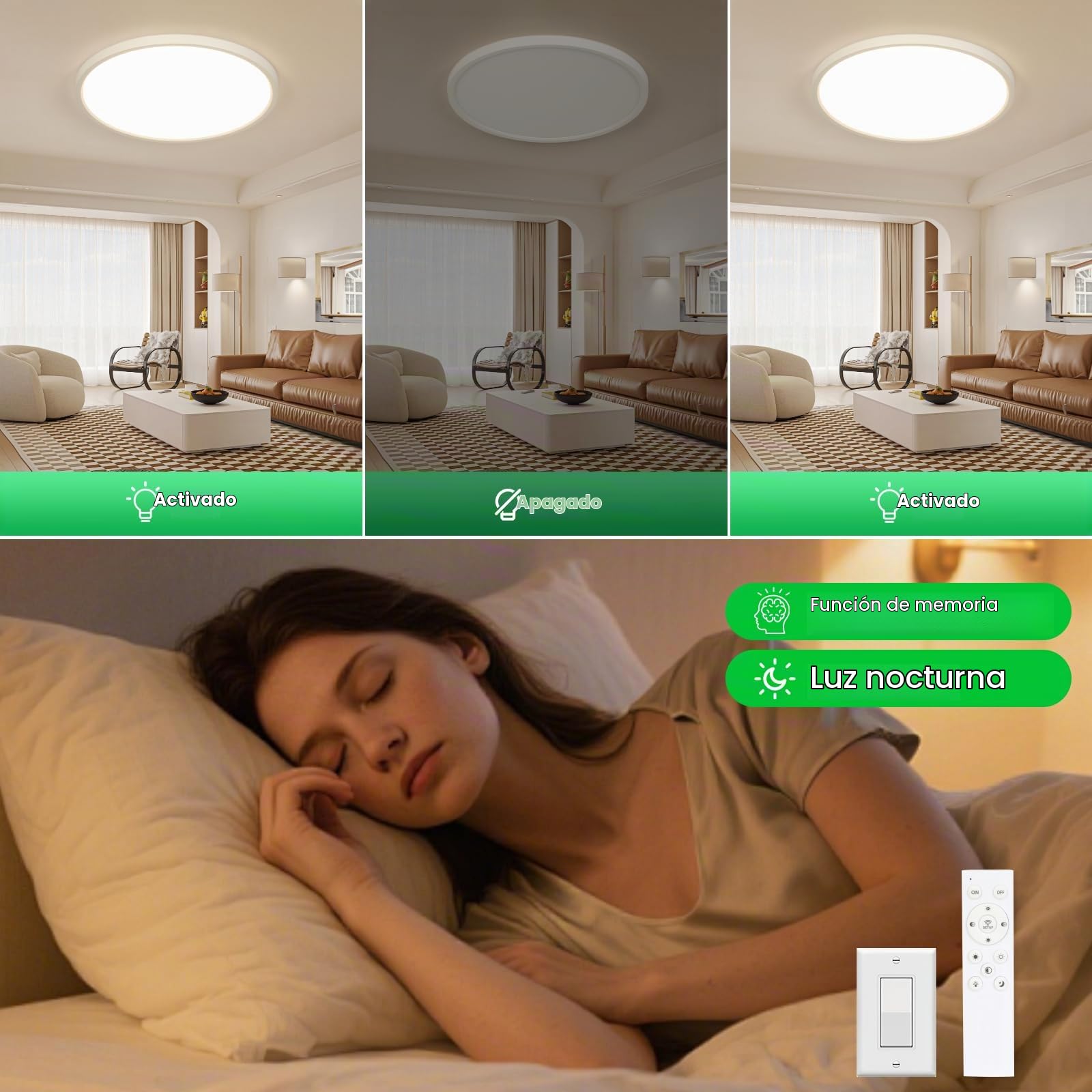 OTREN Plafon LED Techo Regulable 52W 50CM con Mando, Modo Nocturno y Memoria, 3000K–6500K, IP44 Impermeable Lámpara de Techo para Dormitorio, Salón, Cocina y Baño