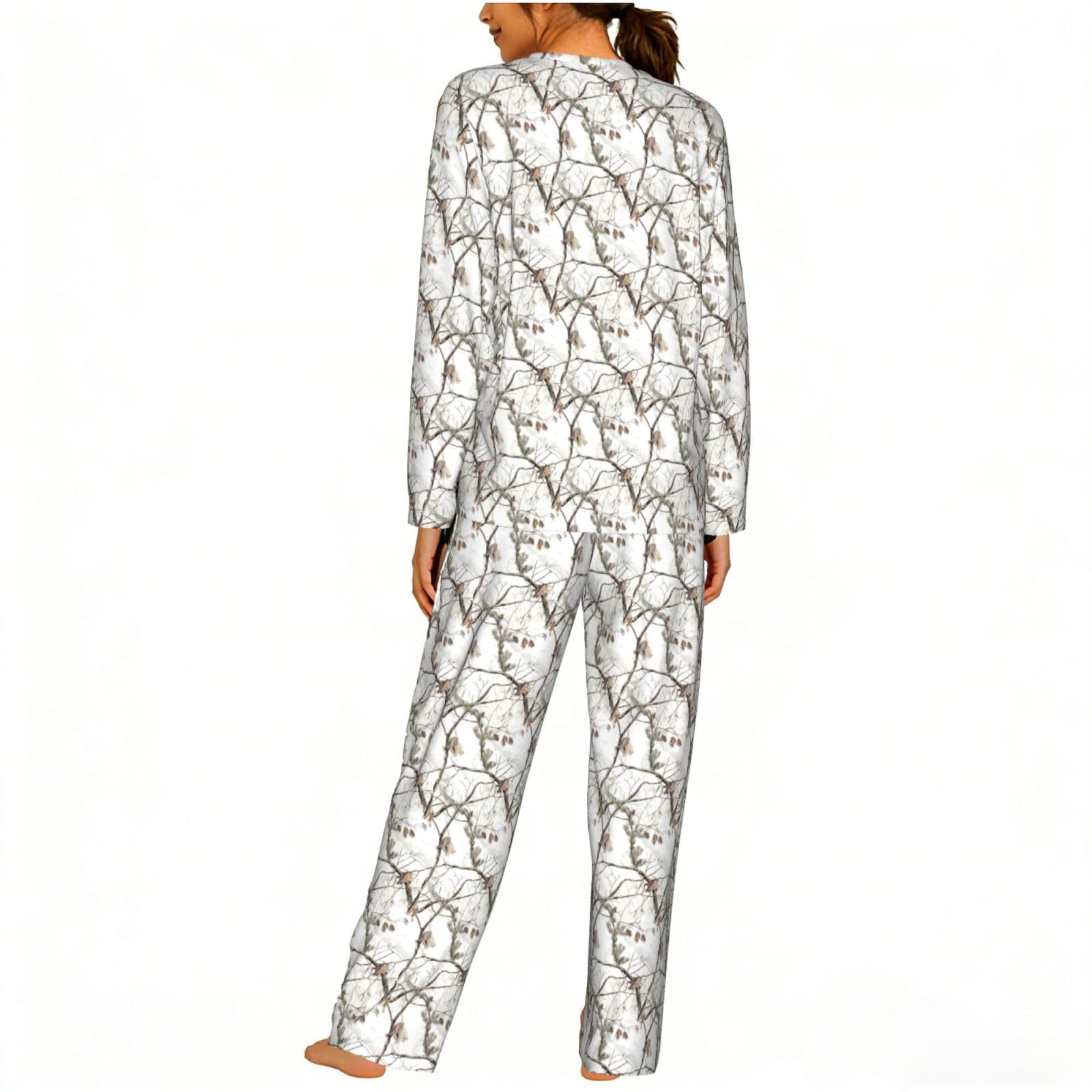 White Trees - Pigiama da donna con stampa mimetica, a maniche lunghe, morbido, elastico, con coulisse, abbigliamento casual