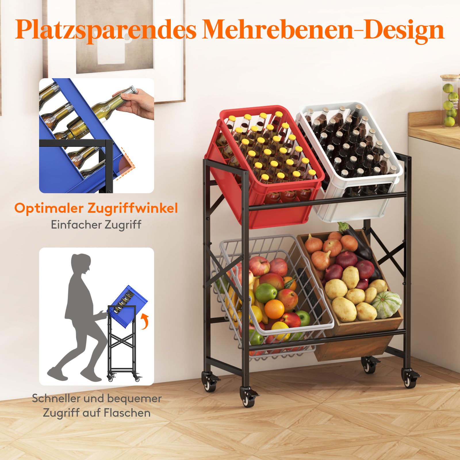 Lifewit Getränkekistenregal 4 Kisten mit Räder, Stabil Kistenregal Metall | trag. 300kg, Bierkisten Regal, Getränkeregal, Wasserkasten Regal, Kastenregal für Bier Getränke Wasser Gemüse Obst