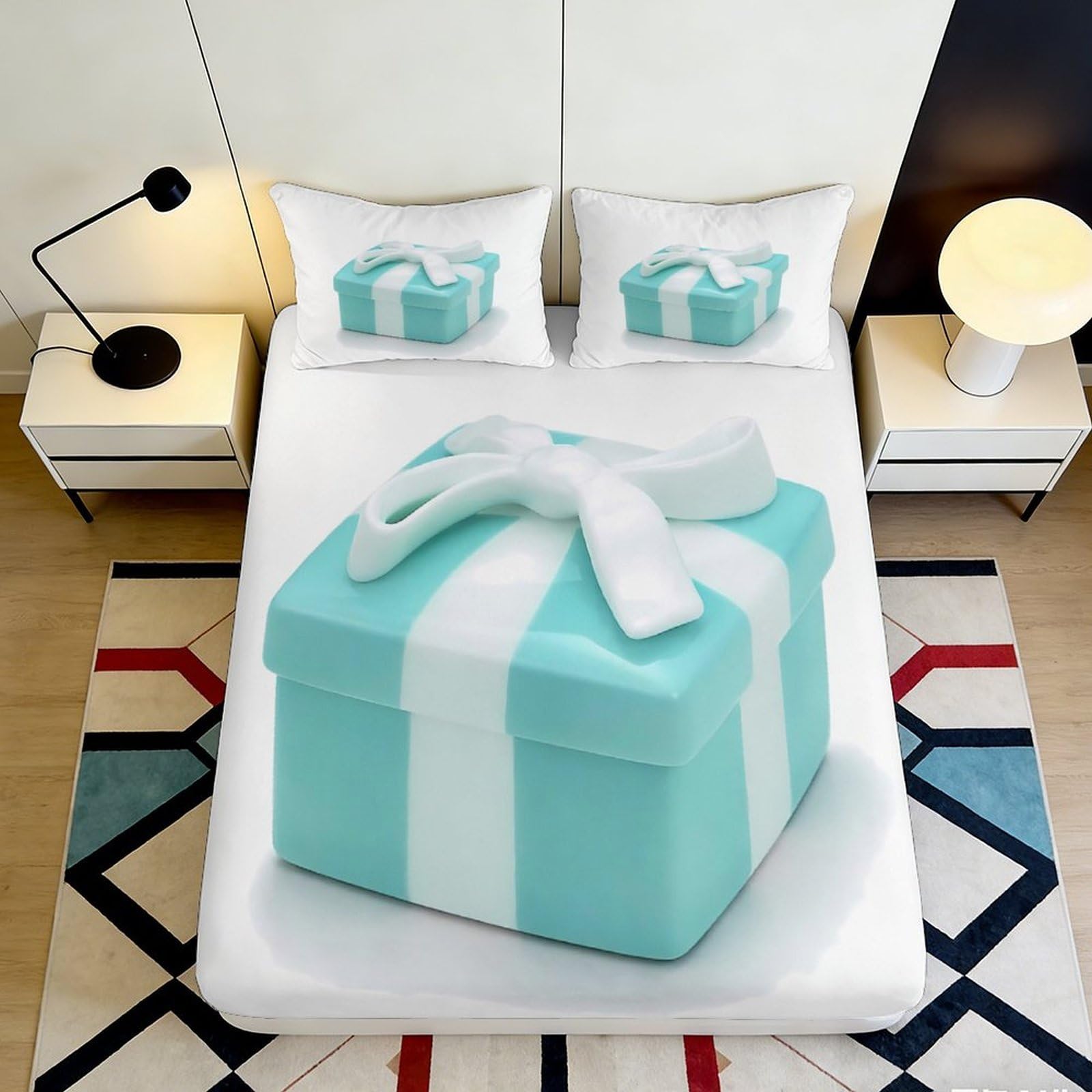 Dhbaneiok Style-9 3D Printed Gift Box Fitted Sheet Microfiber Turquoise White Ribbon Bed Cover For Bedroom Dorm Mattress Decor 90X200x25cm