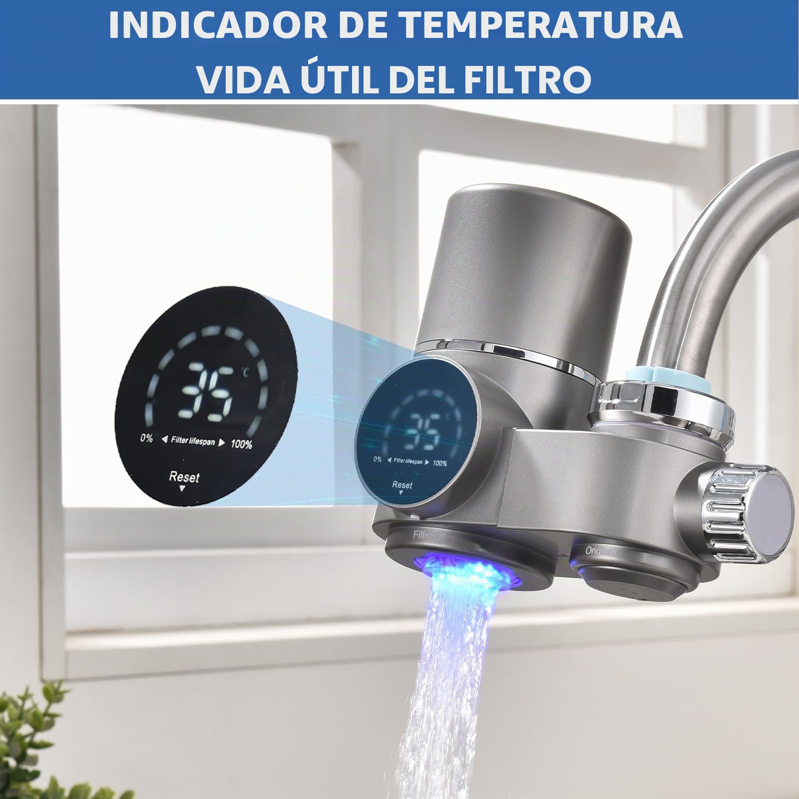 HOMELODY Filtro de agua para grifo, filtro de agua potable con pantalla LED, elimina el cloro, metales pesados y mal sabor, filtro para grifo con luz azul para la cocina (incluye filtro*1)