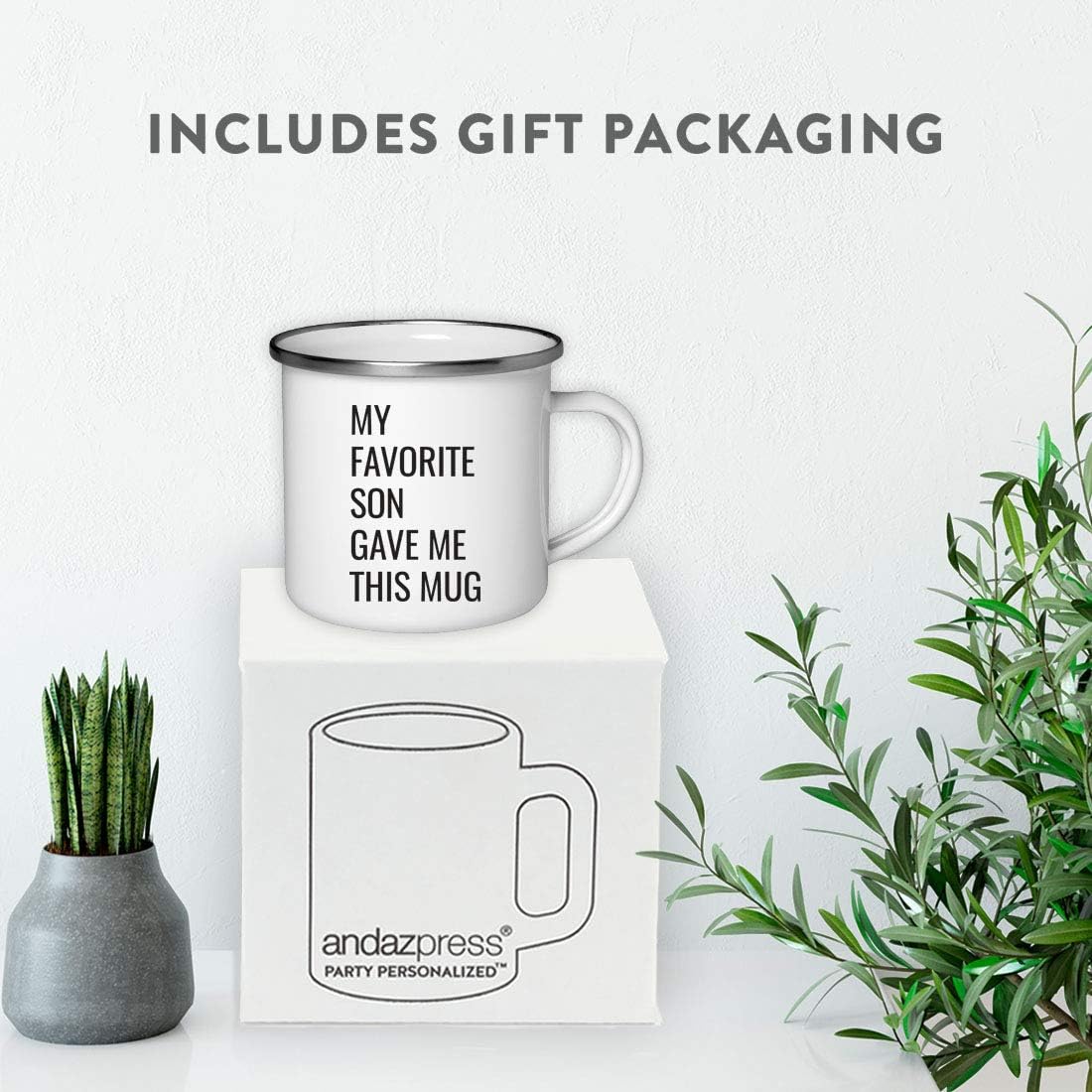 Andaz Press 11oz. Stainless Steel Funny Campfire Coffee Mug Gag Gift, My Favorite Son Gave Me This Mug, 1-Pack, Mom Dad Mother's Day Father's Day Christmas Sarcastic Humor Metal Camping Cup Ideas