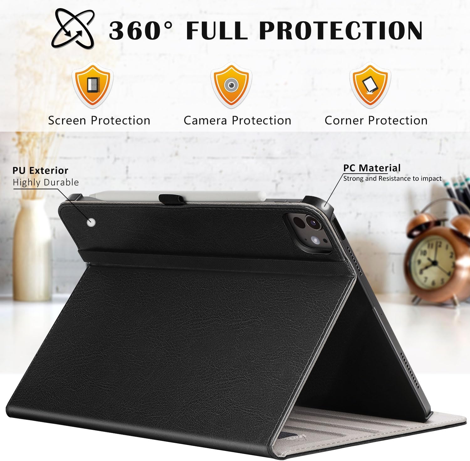 ZtotopCases for iPad Pro 12.9 6th/5th/4th/3rd Generation Case 2022/2021/2020/2018, Premium PU Leather Folio Cover, Auto Wake/Sleep, Multi Viewing Angles, Supports Pencil Pro and Touch ID, Black