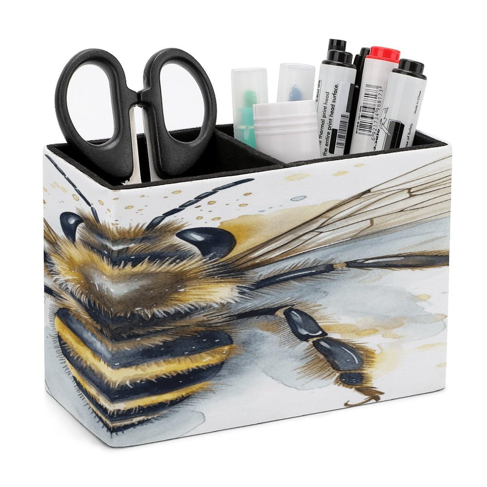VstaDank Watercolor Bee Pen Holder Double Compartments Pen Cup Fashion Makeup Brush Holders Leather Pencil Holder for Work Locker Accessories Modern Pencil Cup for Desk Organizer