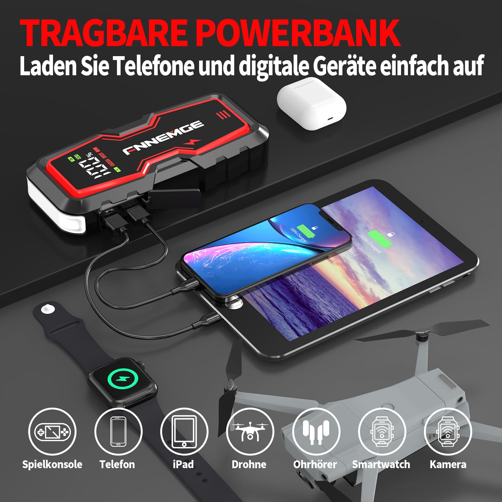 FNNEMGE Auto Starthilfe Powerbank, 6000A 22800mAh Spitzenstrom, geeignet für 12V Auto-Batterien (Alle Benzin und Bis Zu 8,0L Diesel), mit USB-Ladeausgang, LED-Licht und HD-Großbildschirm