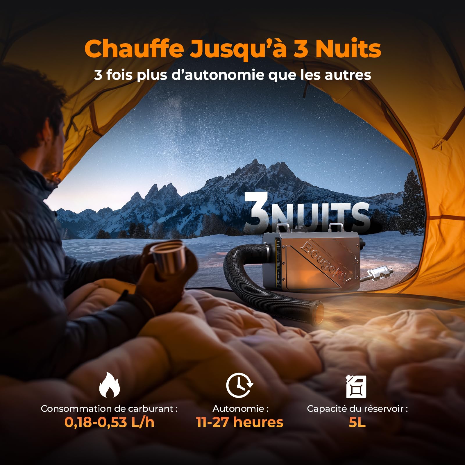 BougeRV Chauffage Diesel 5kW avec Minuteur Pompe Silencieuse Contrôle FB/App Écran LCD Chauffage Stationnaire 12/24V 220V Tout-en-Un Tuyau D'Échappement Vissable Protection Anti-Fuite