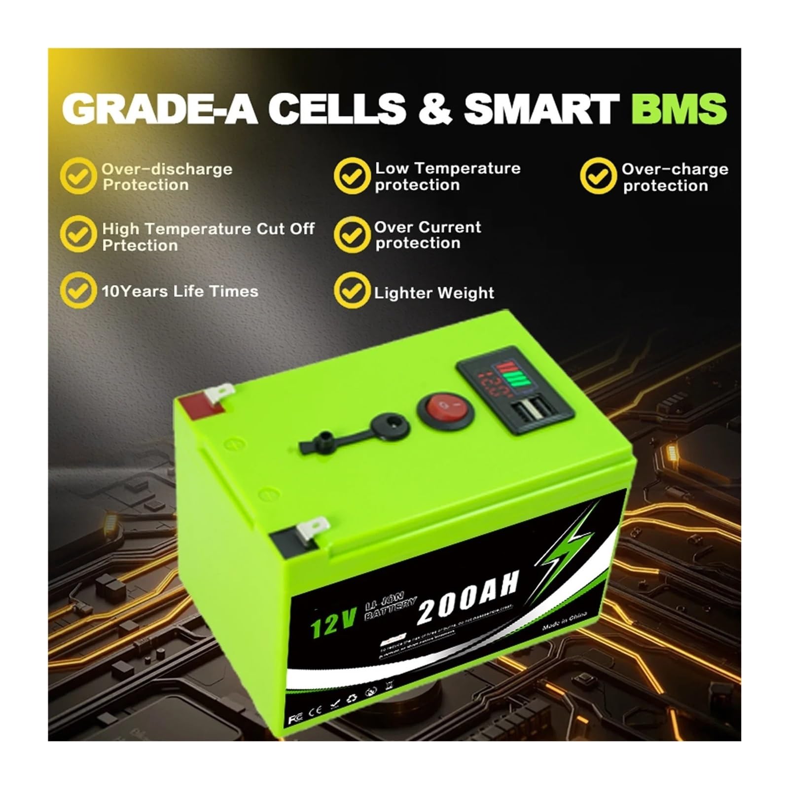 Batteria Al Litio Da 12 V 200 Ah Con BMS Intelligente For L'accumulo Di Energia Solare | Batteria solare LiFePO4(200Ah Portable Power)