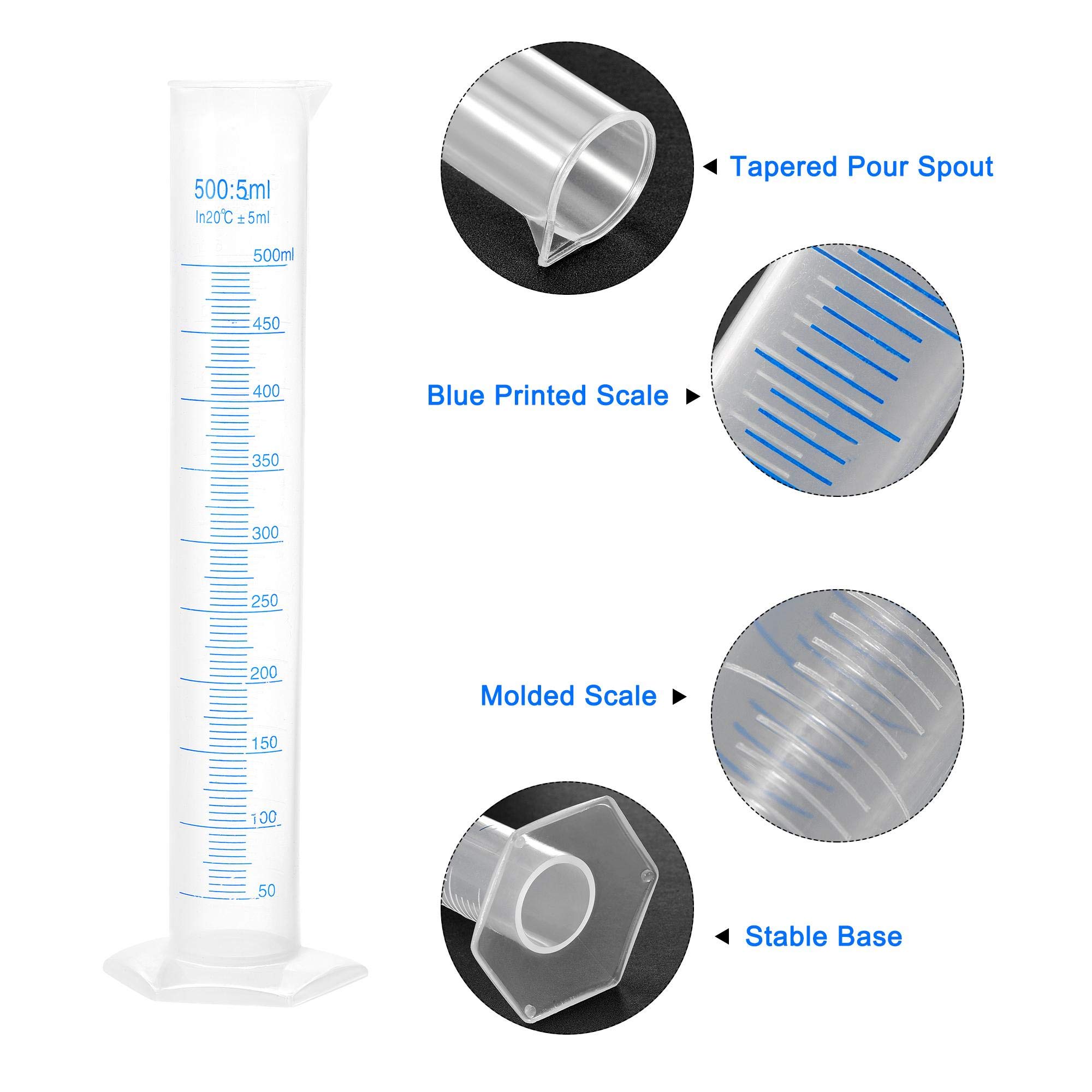 sourcing map Plástico Graduado Cilindro, 100ml 250ml 500ml Medición Cilindro, Doble Cara Métrico Marcado, Transparente Hexagonal Base, 3 En 1 Juego
