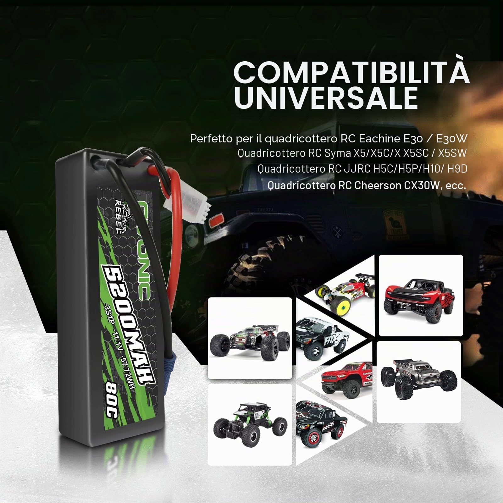 OVONIC Batteria Lipo 3s 5200mAh 80C 11.1V Custodia Rigida con Connettore EC5 per RC Auto Barca Camion Buggy Team Associato Hobby FAI DA TE