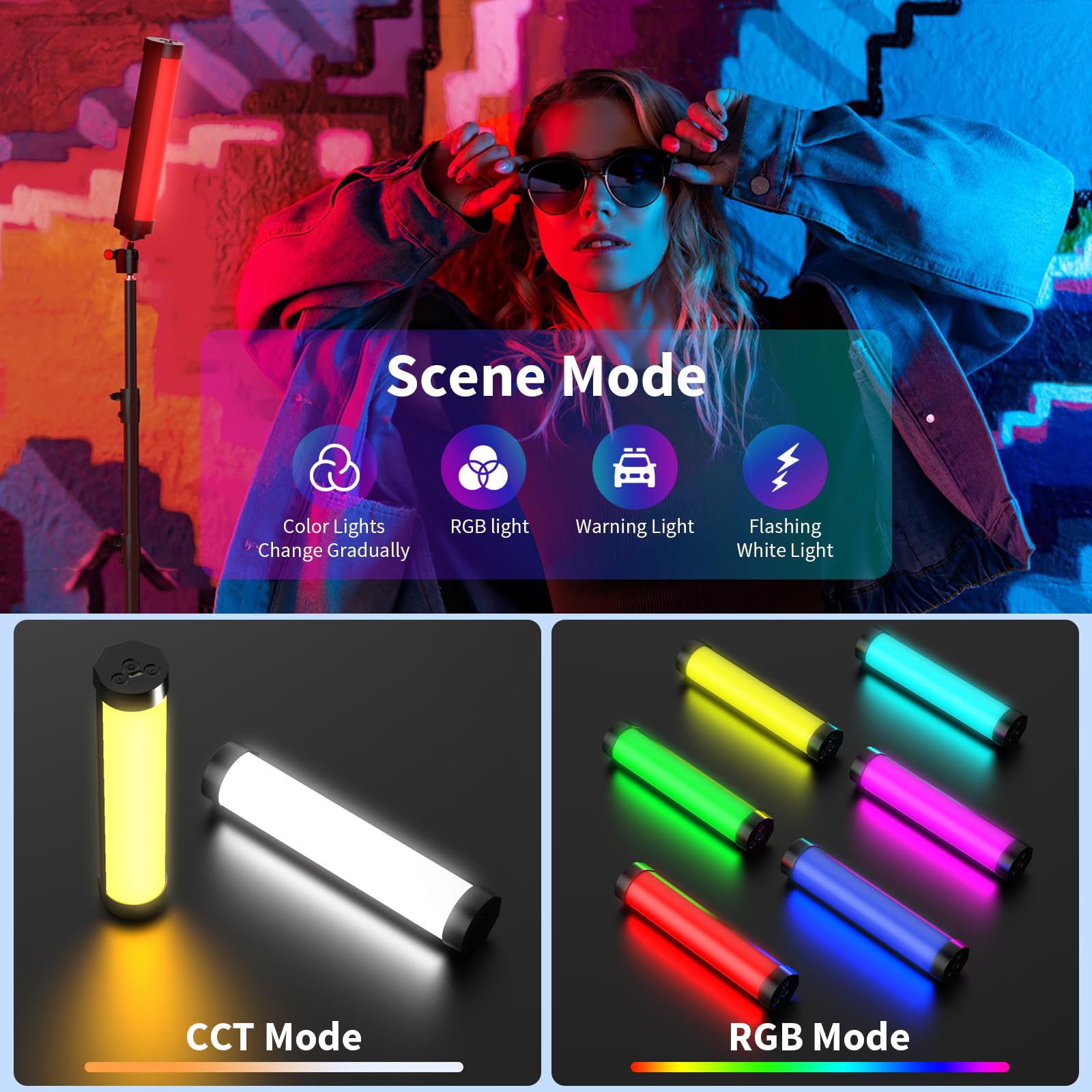 LUXCEO V8 Lampe vidéo LED RVB, CRI 95+, Batterie intégrée 2000 mAh, 3000 K/6000 K, luminosité réglable de 5 à 100%, 4 Effets pour TikTok, Vlog, Youtube, Photographie, LU-V8