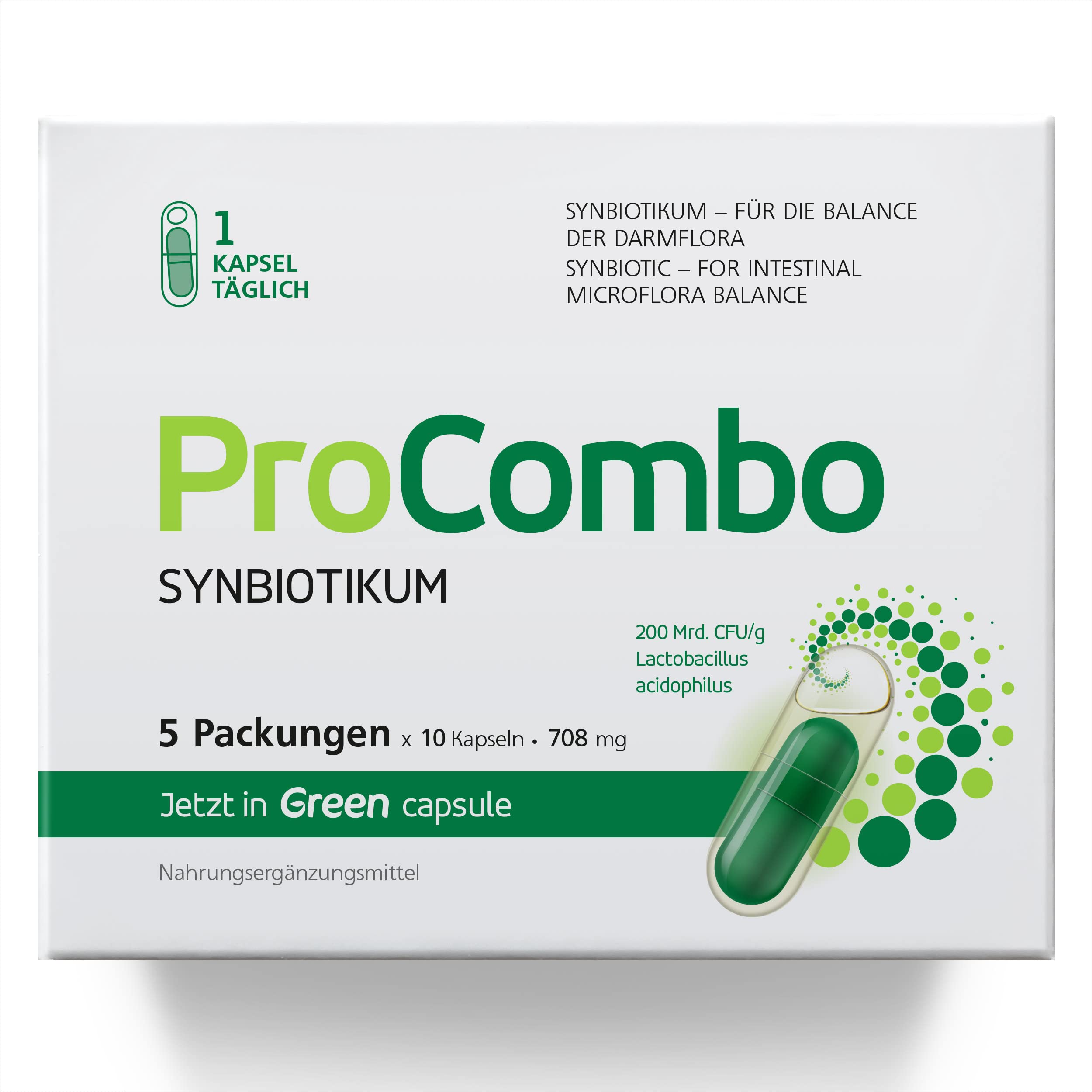 ProCombo Il sinbiotico intelligente con orientamento mirato dei batteri "buoni". Doppia capsula e formula liquida per risultati rapidi. 1 capsula al giorno. Testato in laboratorio (confezione da 5)