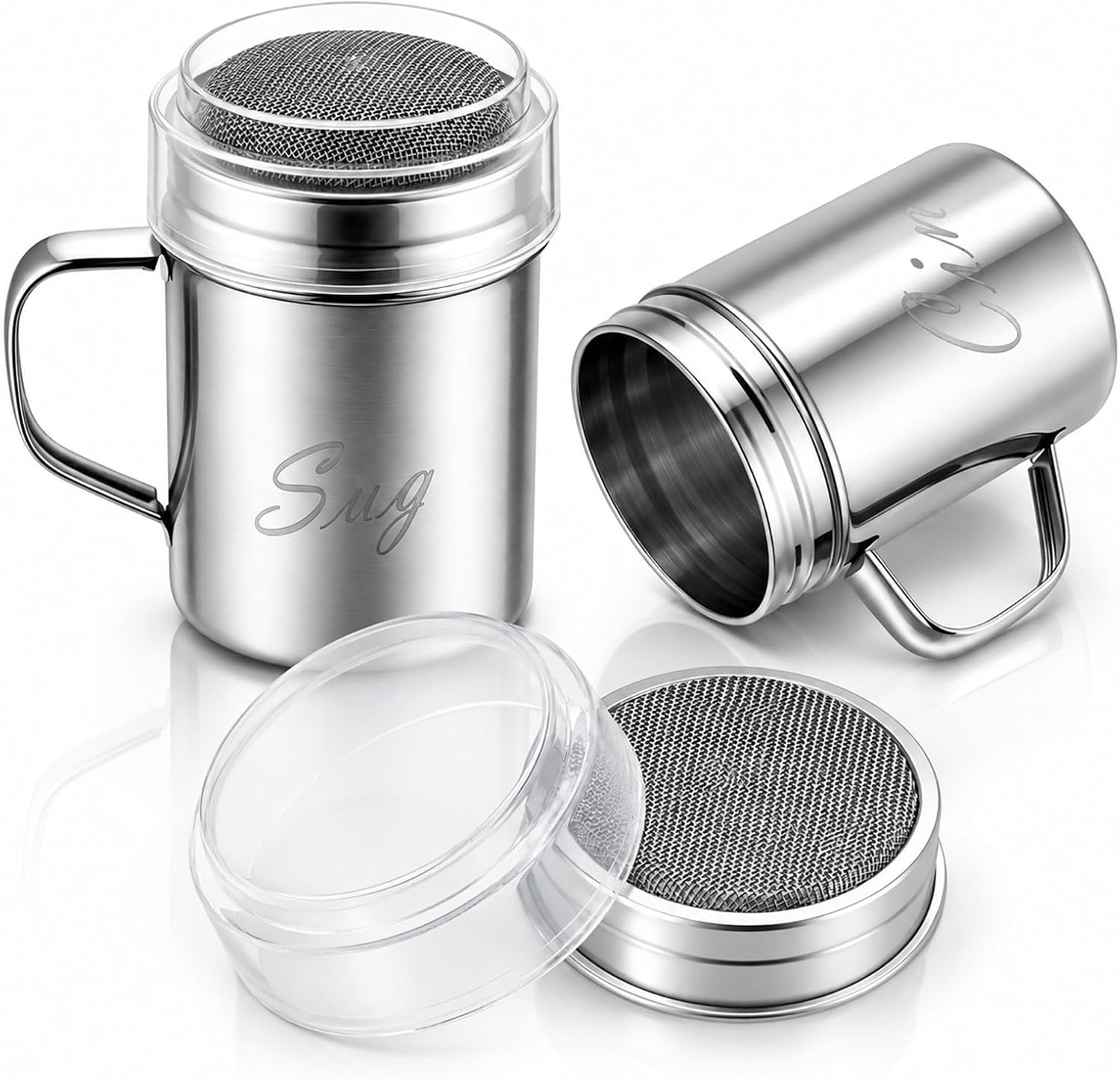 Powdered Sugar Shaker Duster with Handle lid, Flour Cinnamon Shaker for Coffee Bar Bread Baking, Fine Mesh Dredge - 6 ounce, pack of 2
