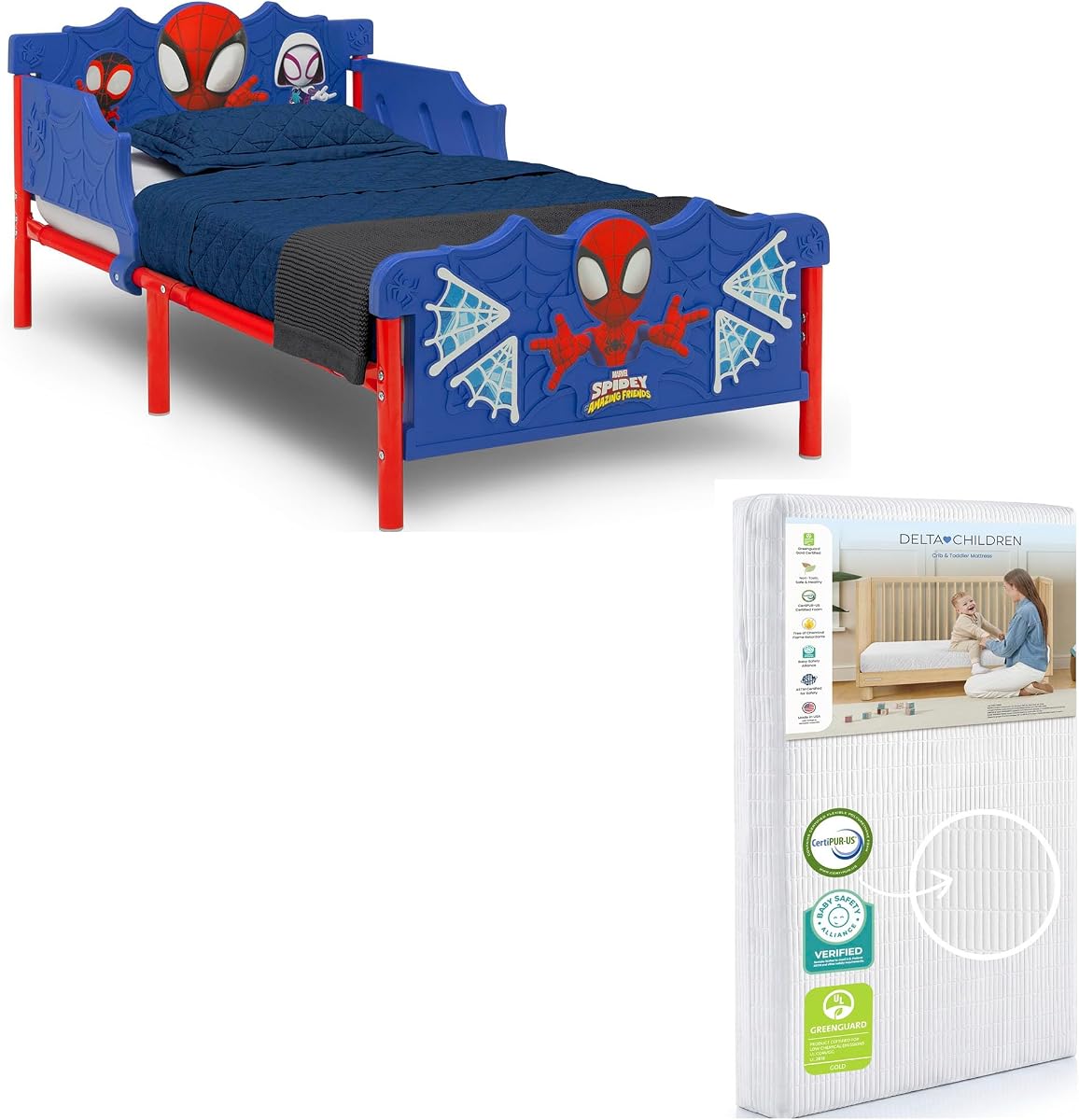 Cama y colchón para niños pequeños en 3D, Spidey y sus increíbles amigos | Juego de muebles para niños pequeños de 2 piezas que incluye cama para niños pequeños con barandillas + colchón impermeable para niños pequeños, certificación GREENGUARD Gold