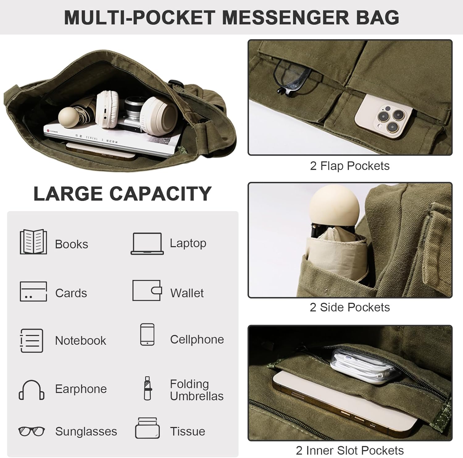 WITERY Canvas Messenger Bag - Large Hobo Crossbody Bag for Women and Men, Casual Ladies Tote Bag Retro Denim Handbag