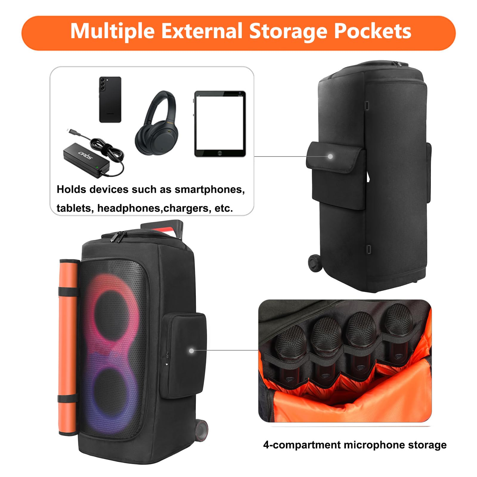 Housse de protection contre la poussière pour enceinte compatible avec enceinte portable JBL PartyBox 310/PartyBox Stage 320, étui de protection de voyage avec poches pour accessoires
