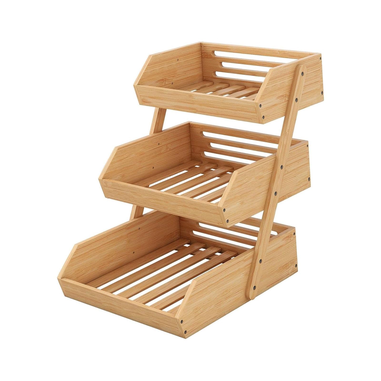 JOUFNING Bamboo Fruit Vegetable Holder, Bread Basket Vegetable Fruits Organiser Rack, Wooden Bread Storage Stand, for Kitchen/Shop Counter/Market Stall(3-Tier)