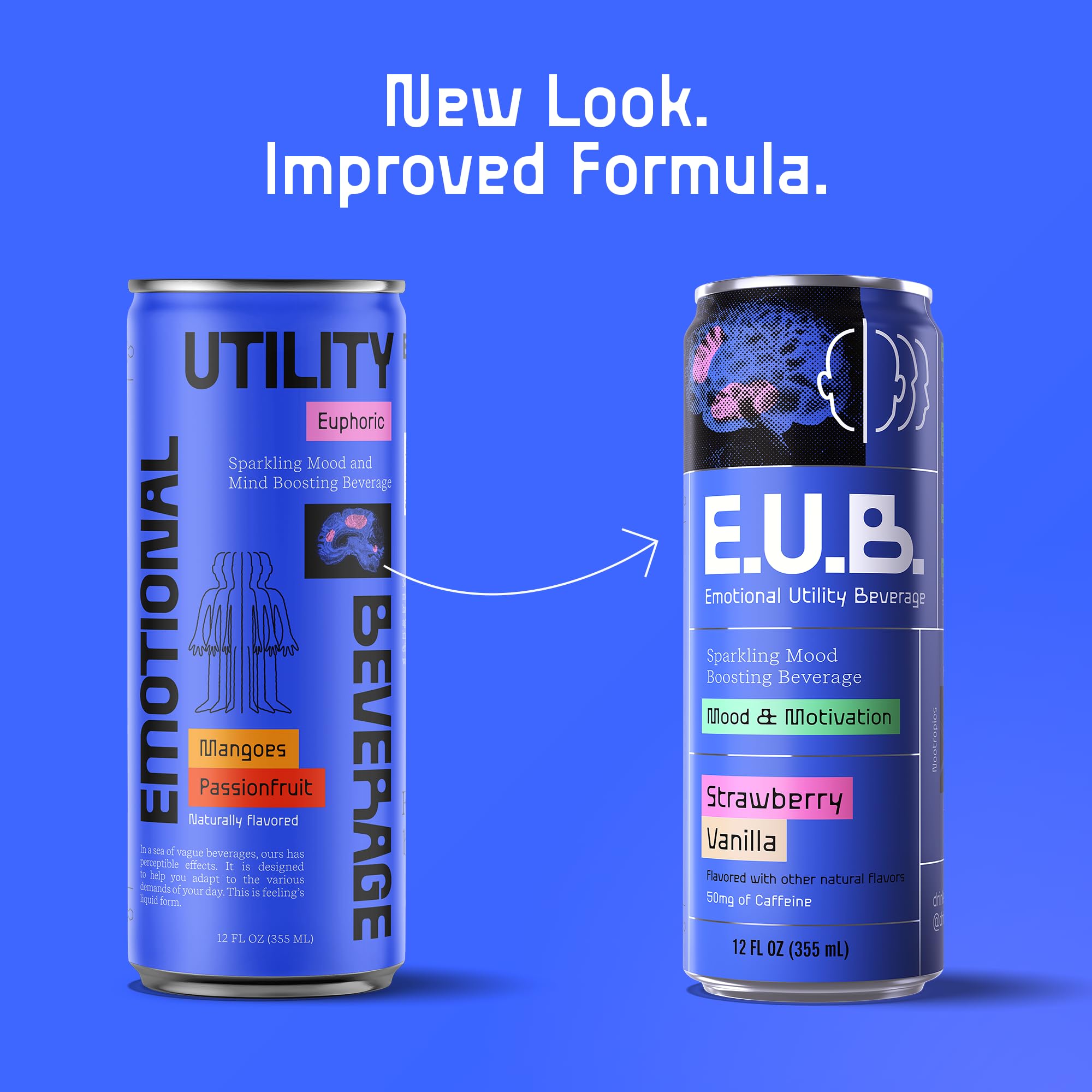 E.U.B. Strawberry Vanilla Sparkling Functional Beverage, 12oz Can, 50mg Caffeine, 25 Calories, with Nootropics & Adaptogens for Mood & Energy Support